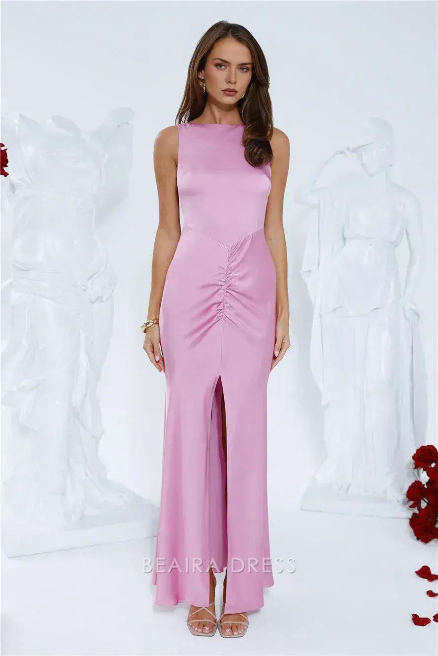 Elegant Sheath/Column Satin Cowl Back Ankle-Length Maxi Dress with Side Slit Prom Dress