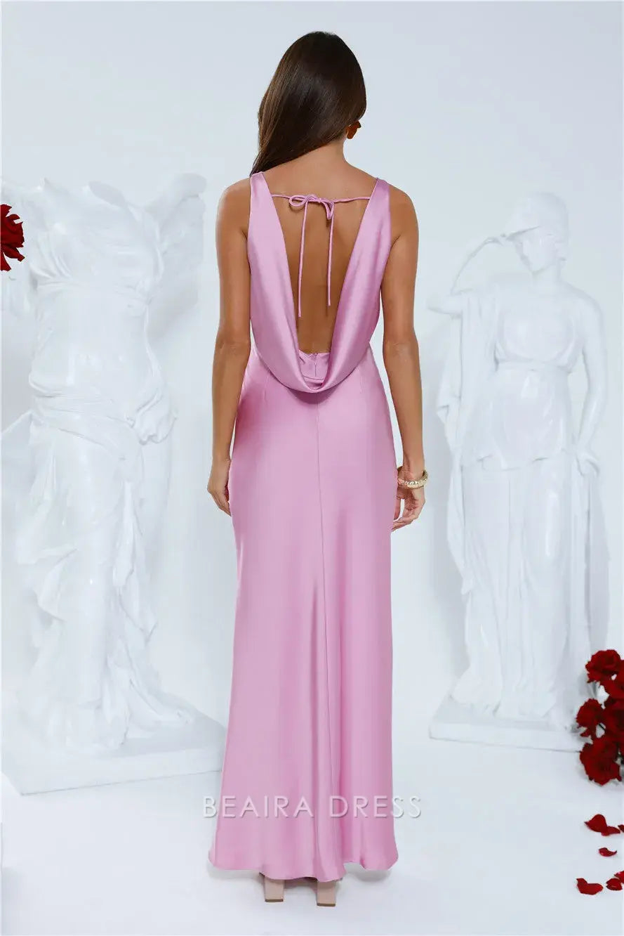 Elegant Sheath/Column Satin Cowl Back Ankle-Length Maxi Dress with Side Slit Prom Dress