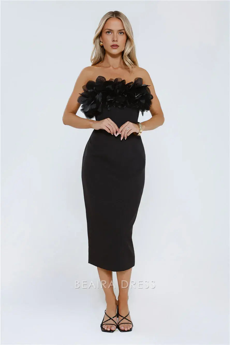 Elegant Sheath/Column Strapless Floral Applique Tea-Length Midi Dress Prom Dress