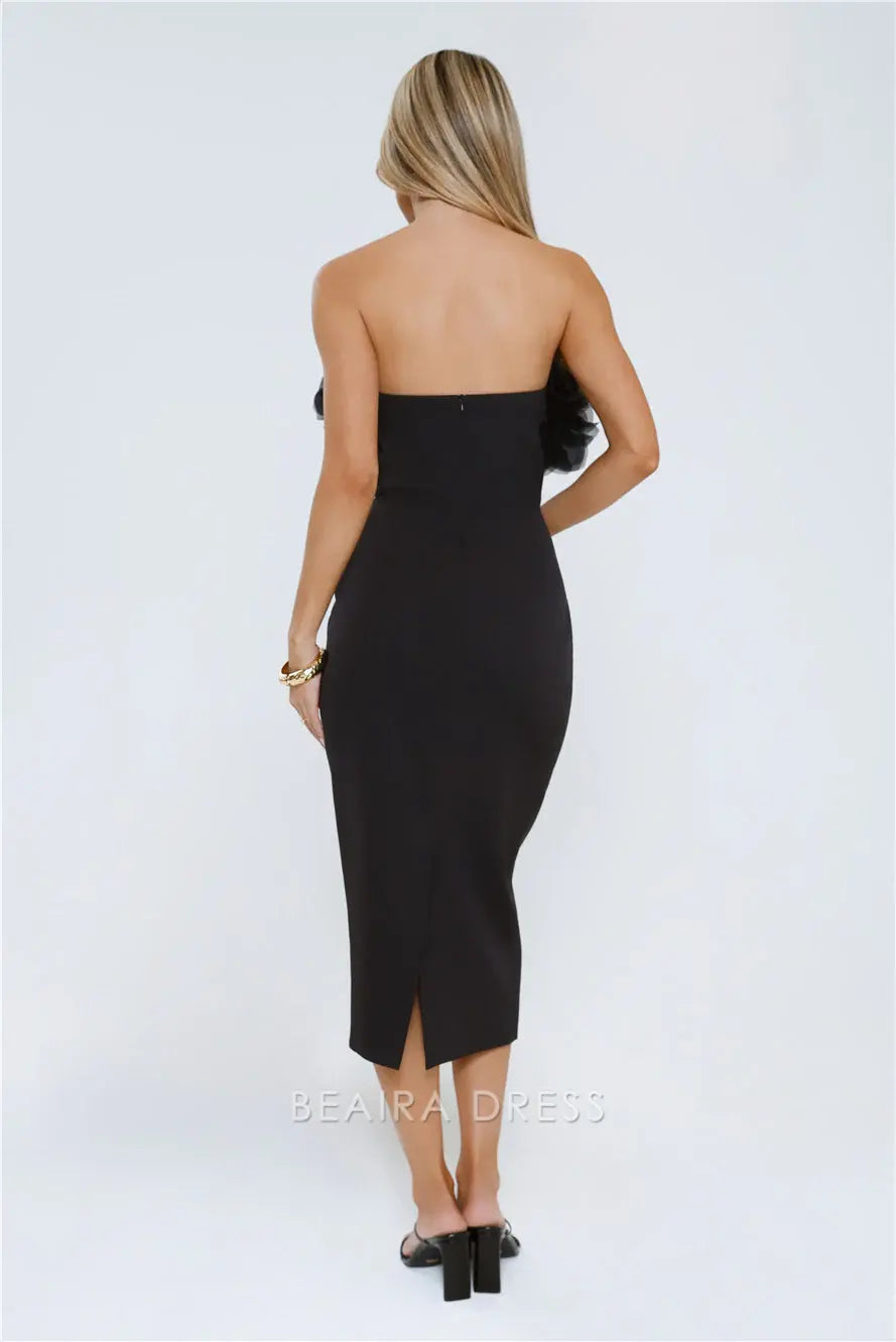 Elegant Sheath/Column Strapless Floral Applique Tea-Length Midi Dress Prom Dress