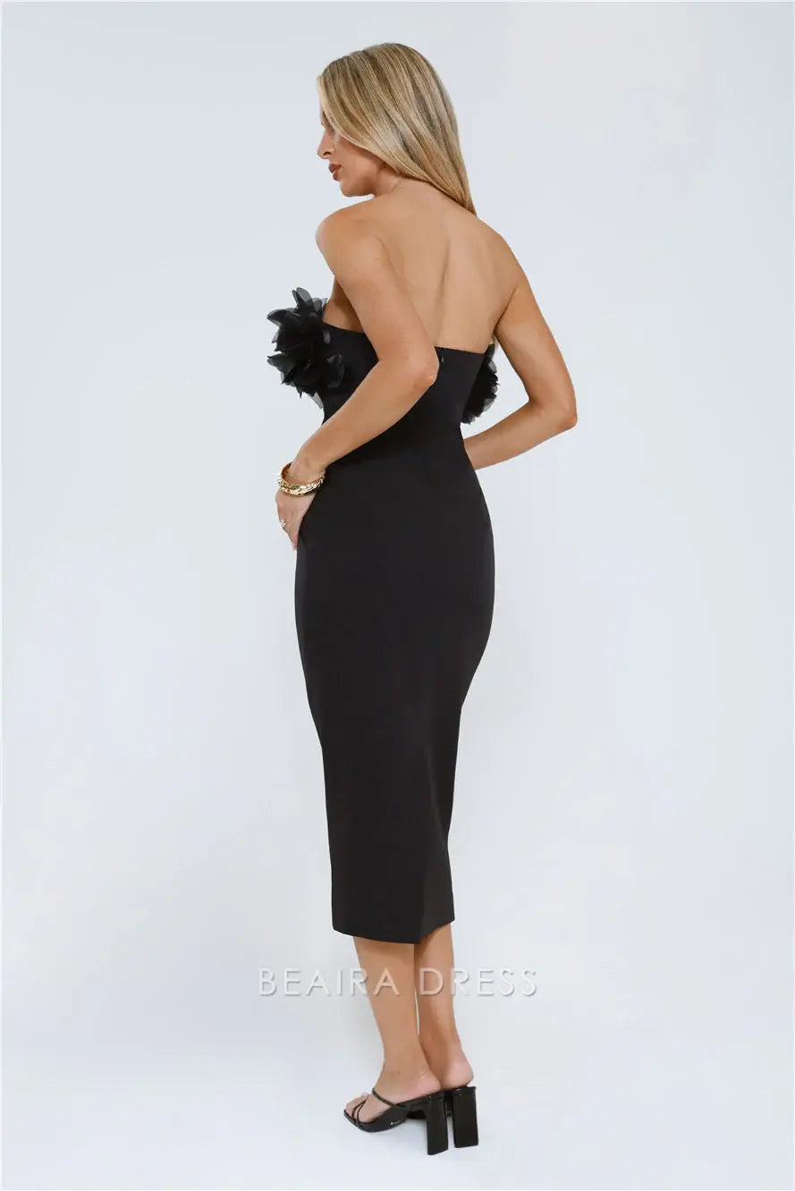 Elegant Sheath/Column Strapless Floral Applique Tea-Length Midi Dress Prom Dress