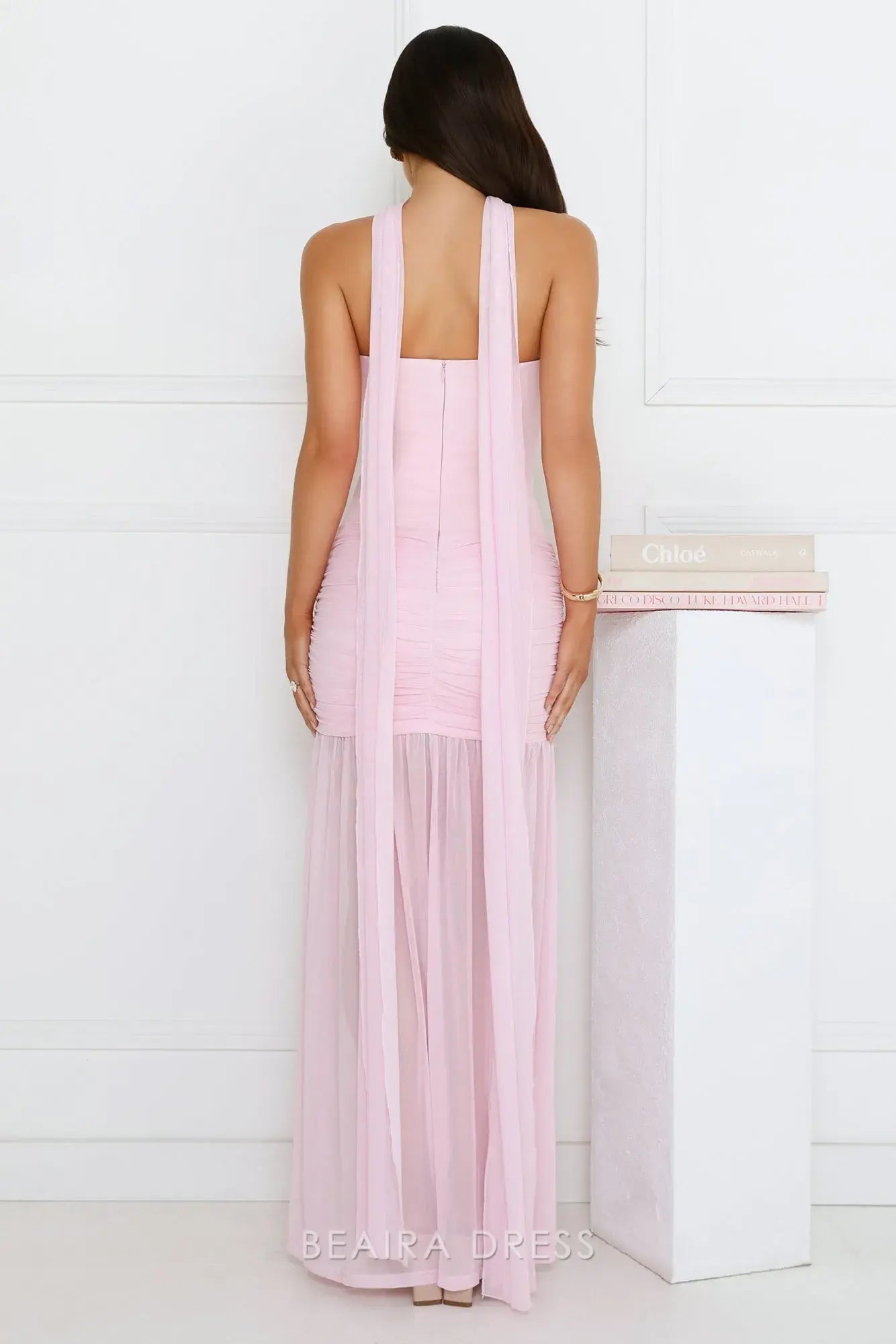Elegant Sheath/Column Strapless Ruched Mesh Maxi Dress with Scarf Detail Prom Dress