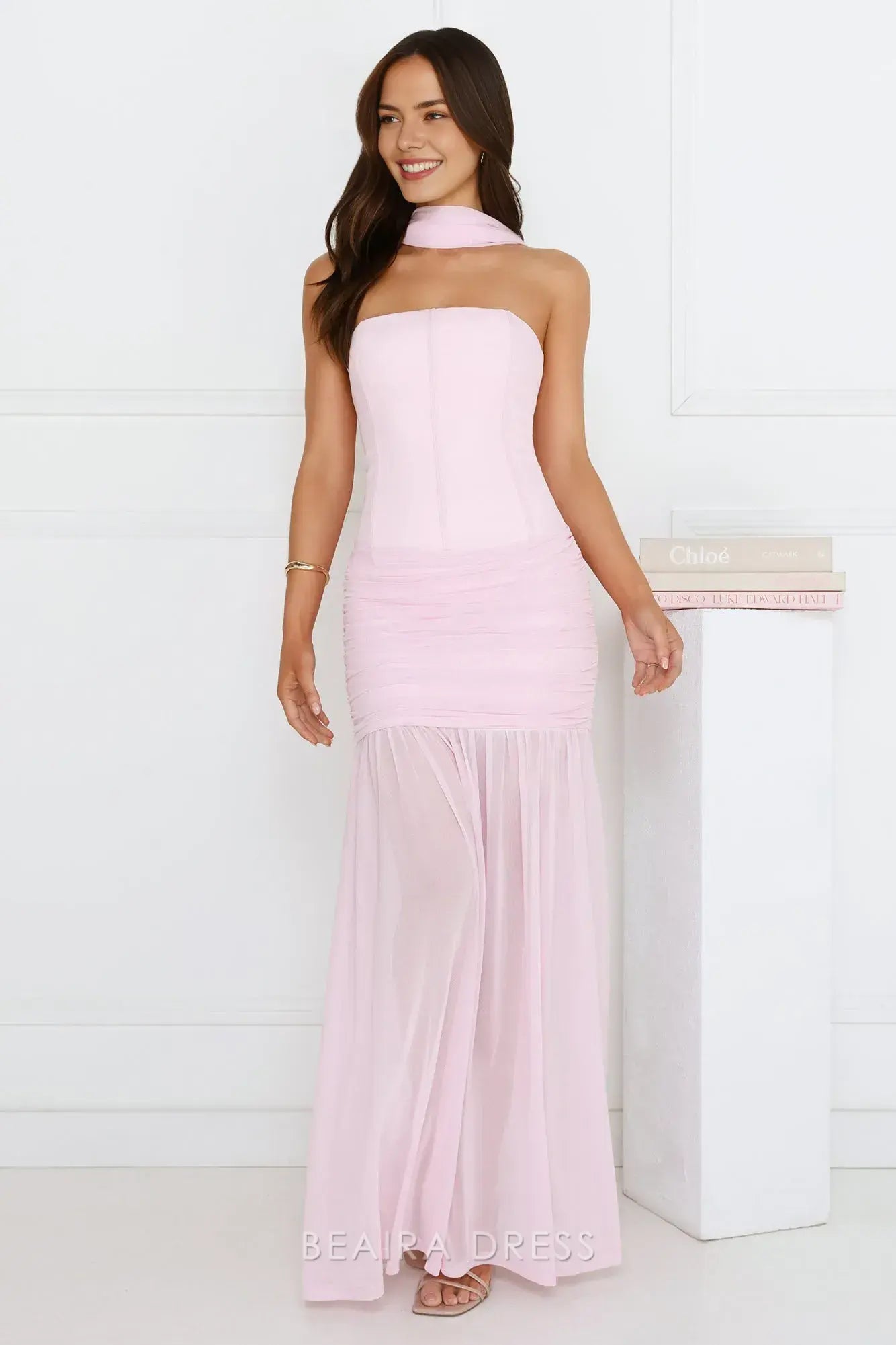 Elegant Sheath/Column Strapless Ruched Mesh Maxi Dress with Scarf Detail Prom Dress
