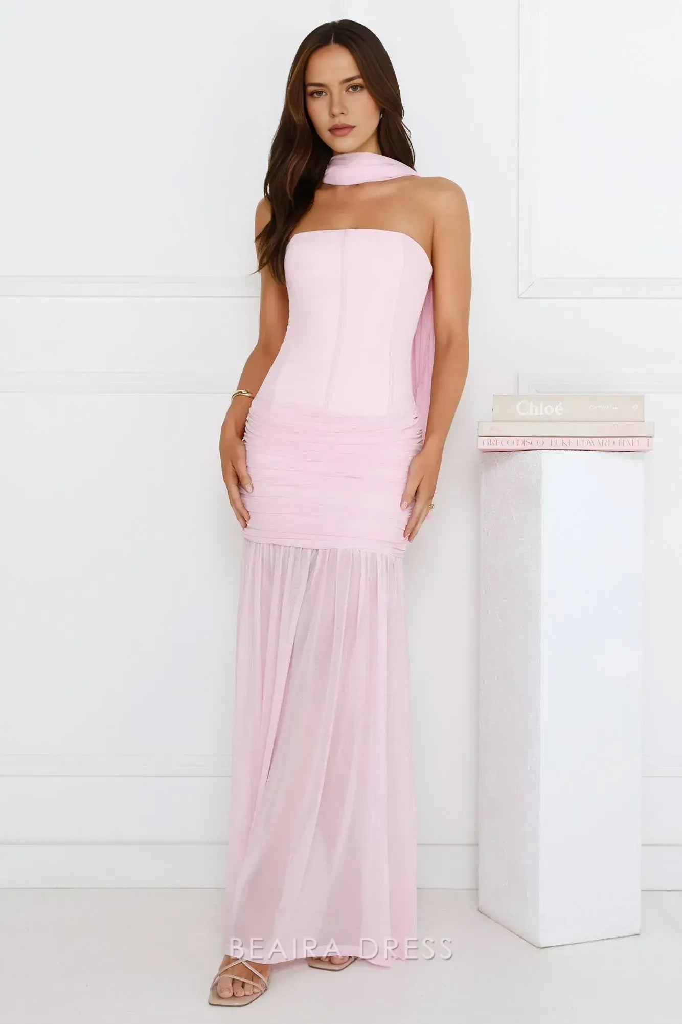Elegant Sheath/Column Strapless Ruched Mesh Maxi Dress with Scarf Detail Prom Dress