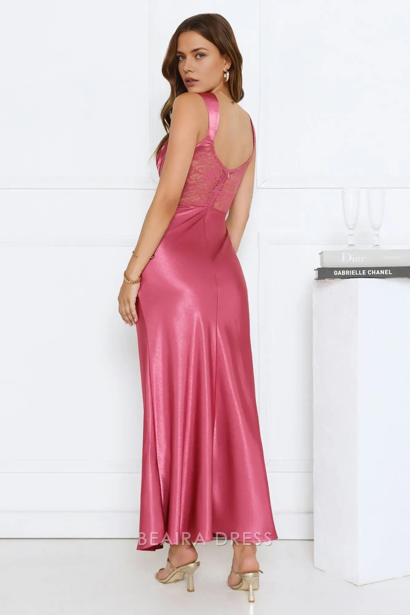 Elegant Sheath/Column Sweetheart Neck Lace Panel Satin Maxi Dress Prom Dress