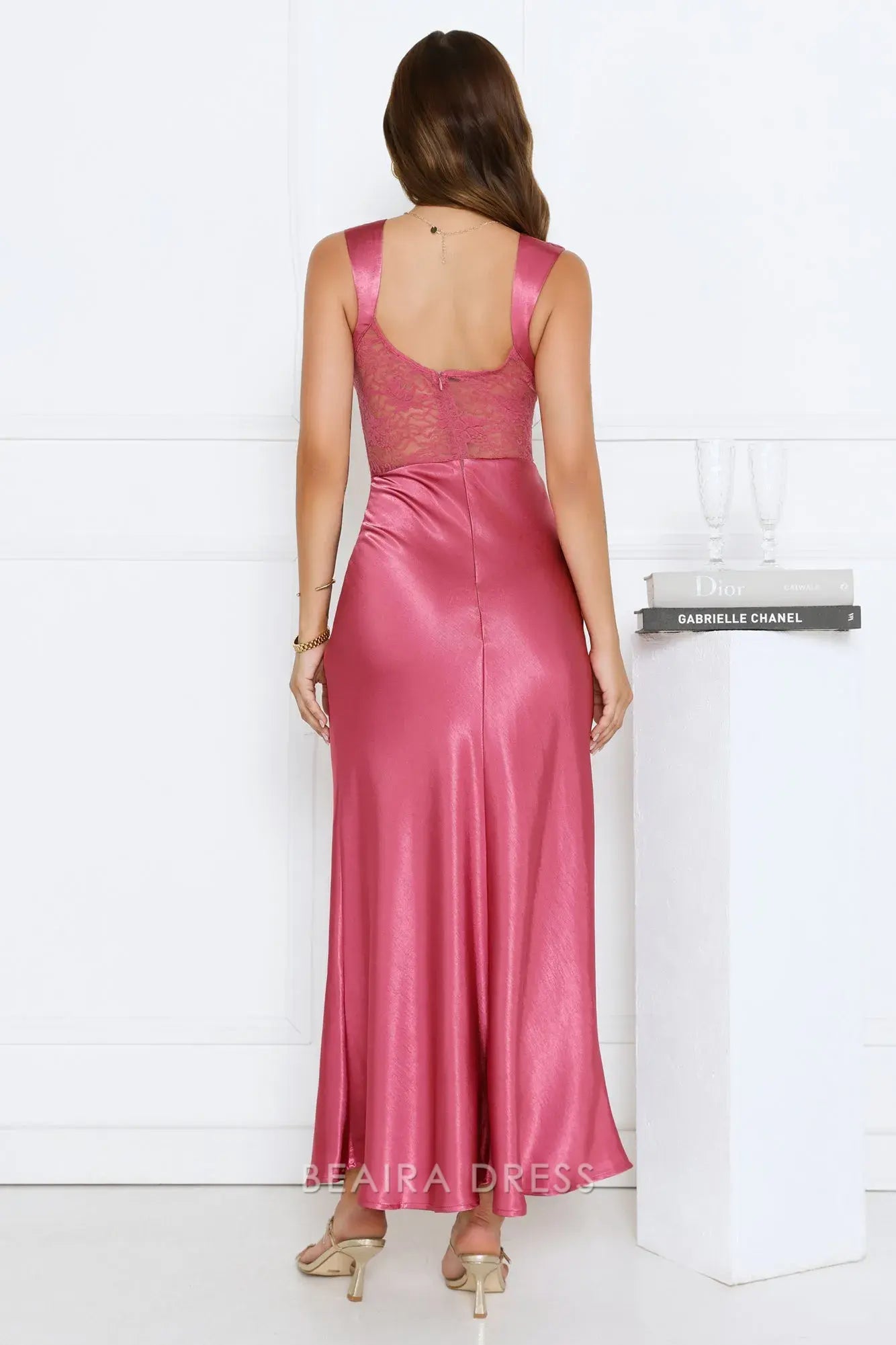 Elegant Sheath/Column Sweetheart Neck Lace Panel Satin Maxi Dress Prom Dress