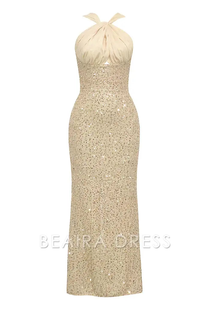 Beaira Elegant Sparkly Apricot Mermaid Halter Sequins Long Formal Dress with Slit - Apricot