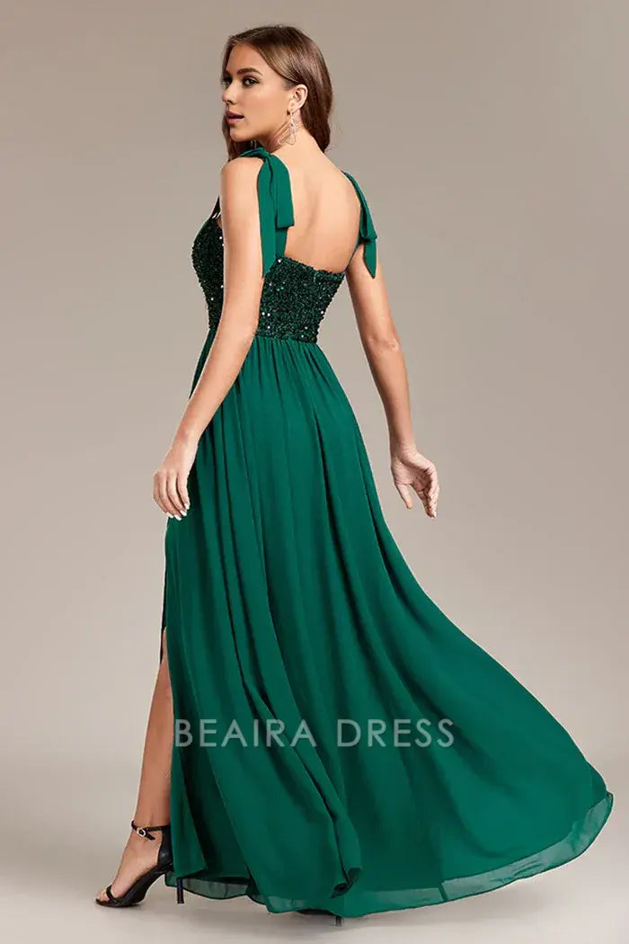 Beaira Elegant Sparkly Green Sequins Long Prom Dress With Slit - Green