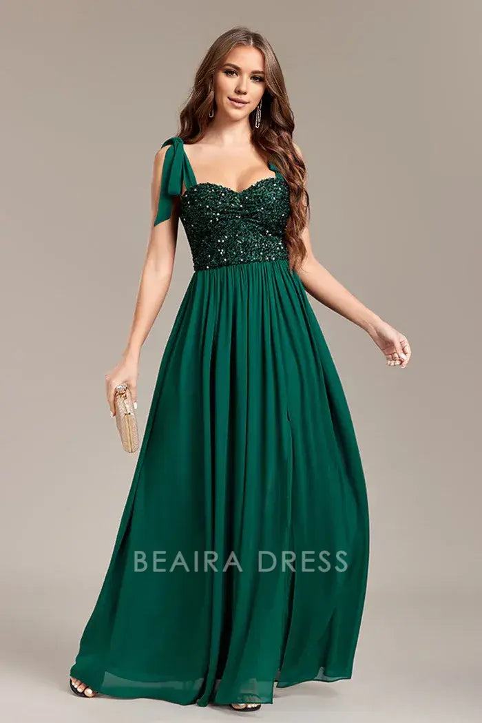 Beaira Elegant Sparkly Green Sequins Long Prom Dress With Slit - Green
