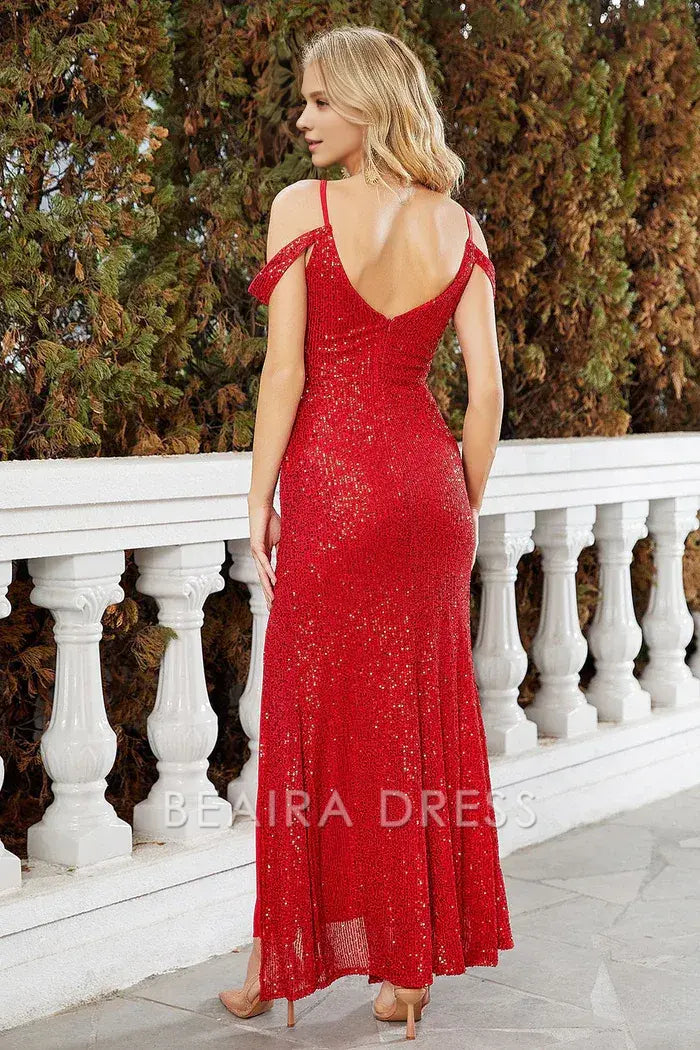 Beaira Elegant Sparkly Red Sequined Cold Shoulder Evening Party Dress With Slit - Red