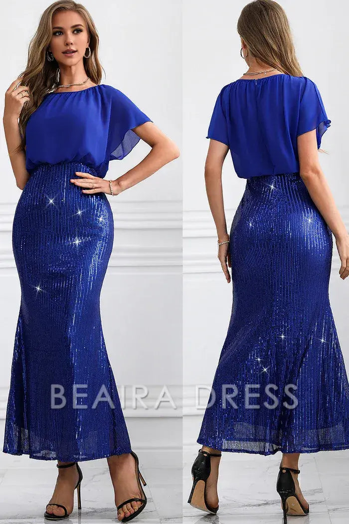 Beaira Elegant Sparkly Royal Blue Long Batwing Sleeves Mermaid Prom Dress