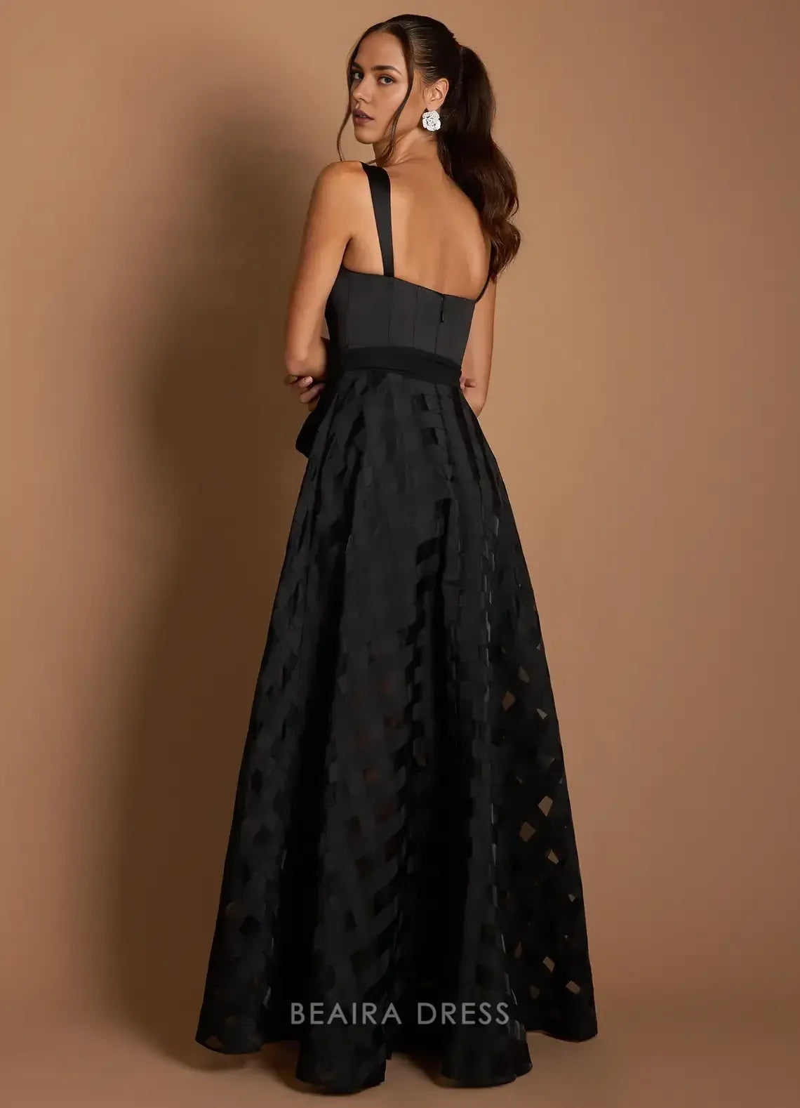 Elegant Square Neck Satin and Checkered Tulle Maxi Dress with Sash Prom Dress