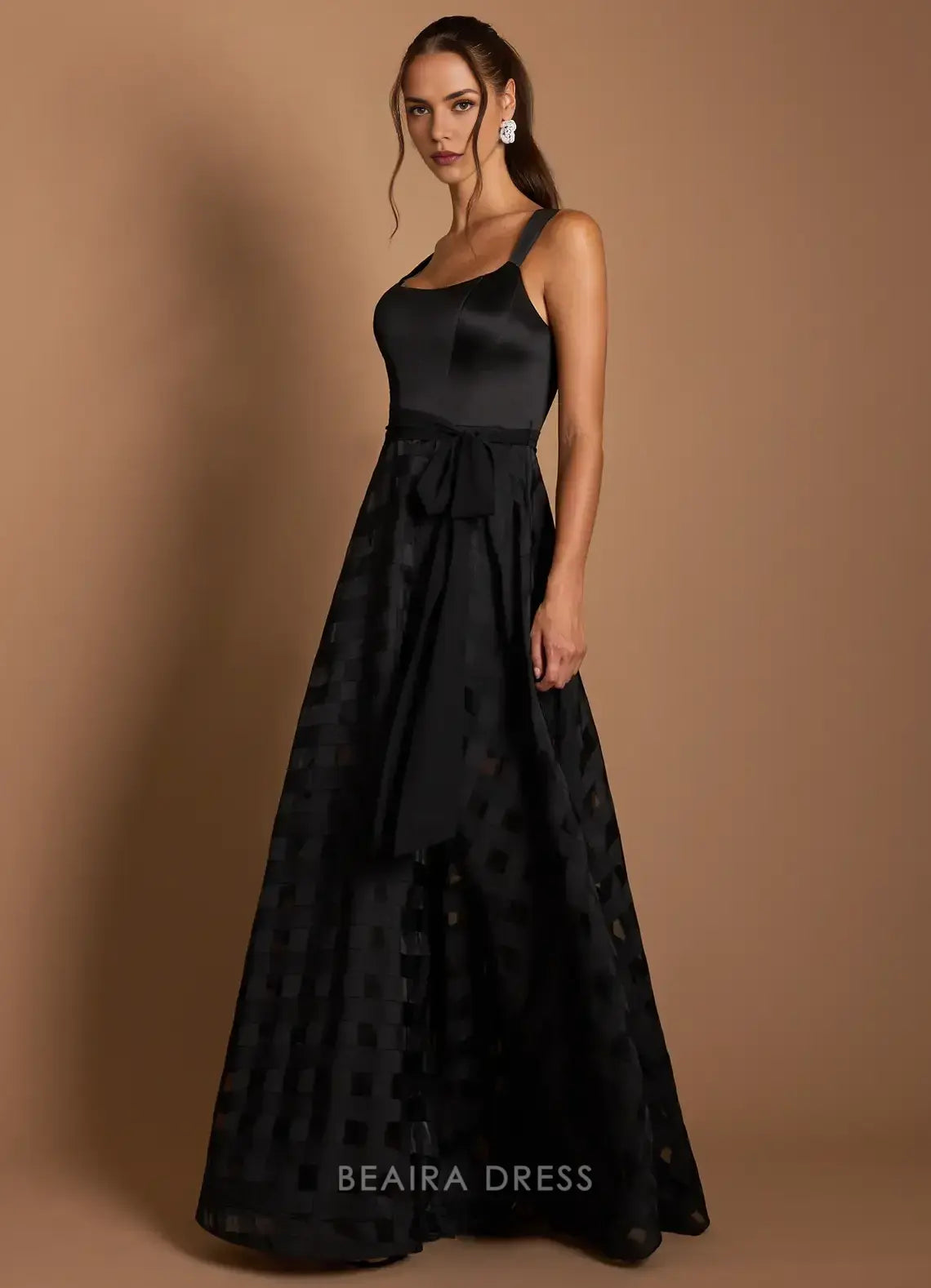 Elegant Square Neck Satin and Checkered Tulle Maxi Dress with Sash Prom Dress