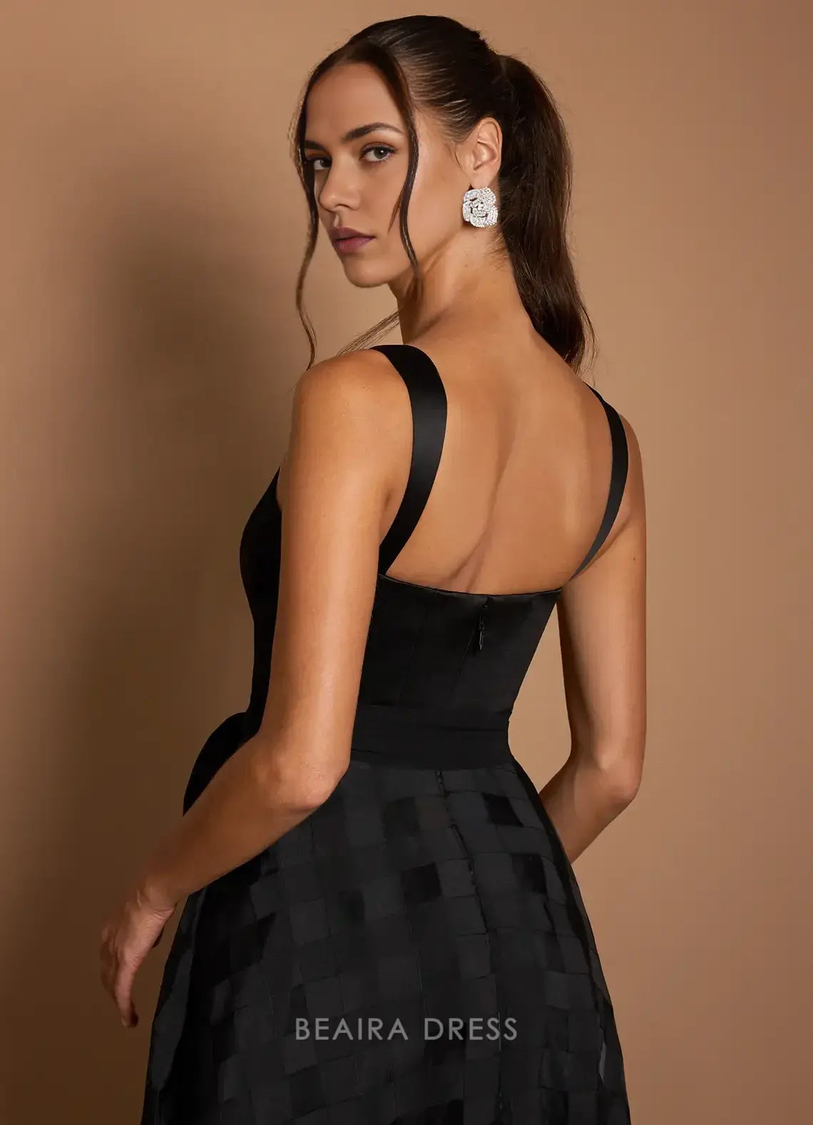 Elegant Square Neck Satin and Checkered Tulle Maxi Dress with Sash Prom Dress