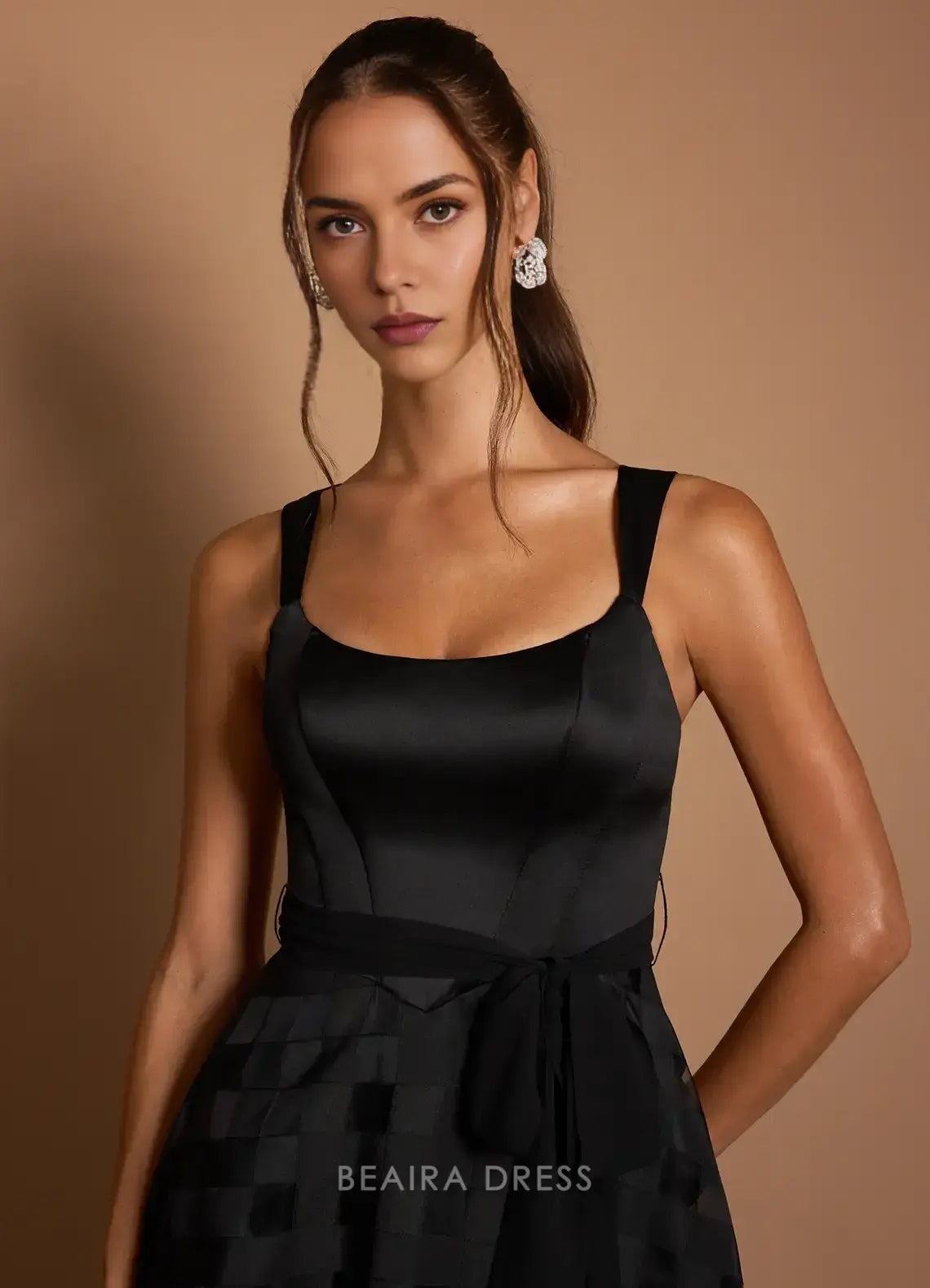 Elegant Square Neck Satin and Checkered Tulle Maxi Dress with Sash Prom Dress