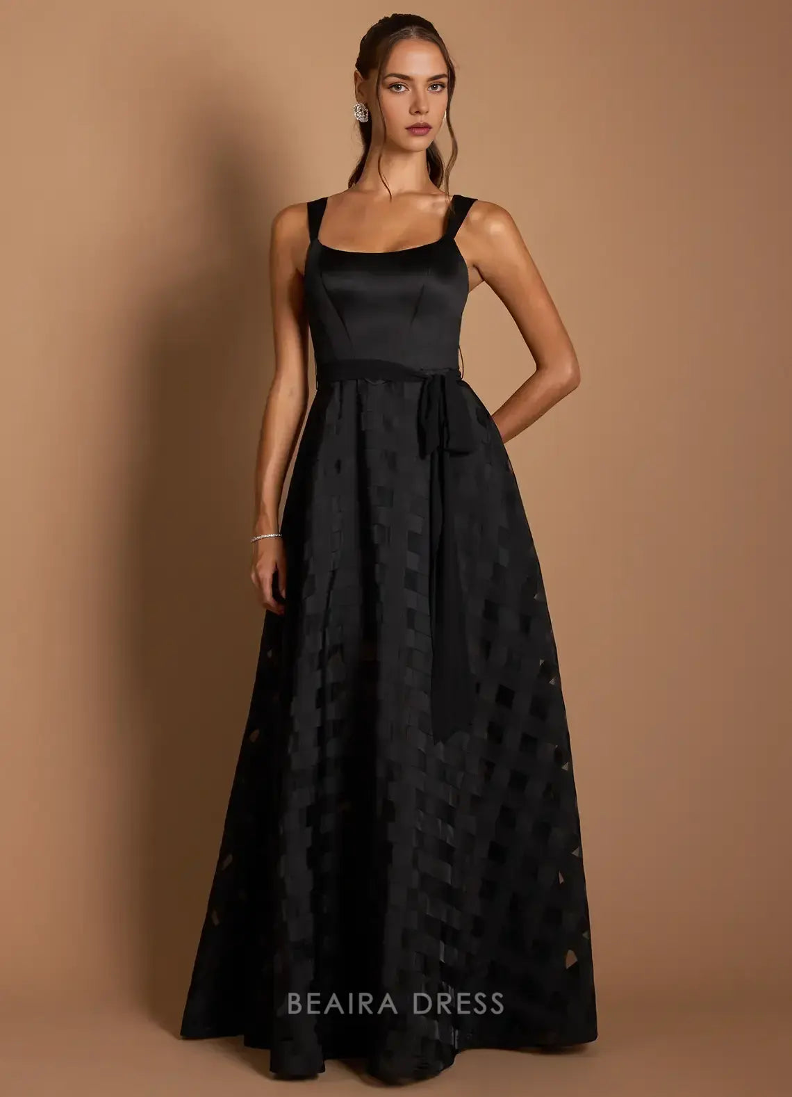 Elegant Square Neck Satin and Checkered Tulle Maxi Dress with Sash Prom Dress