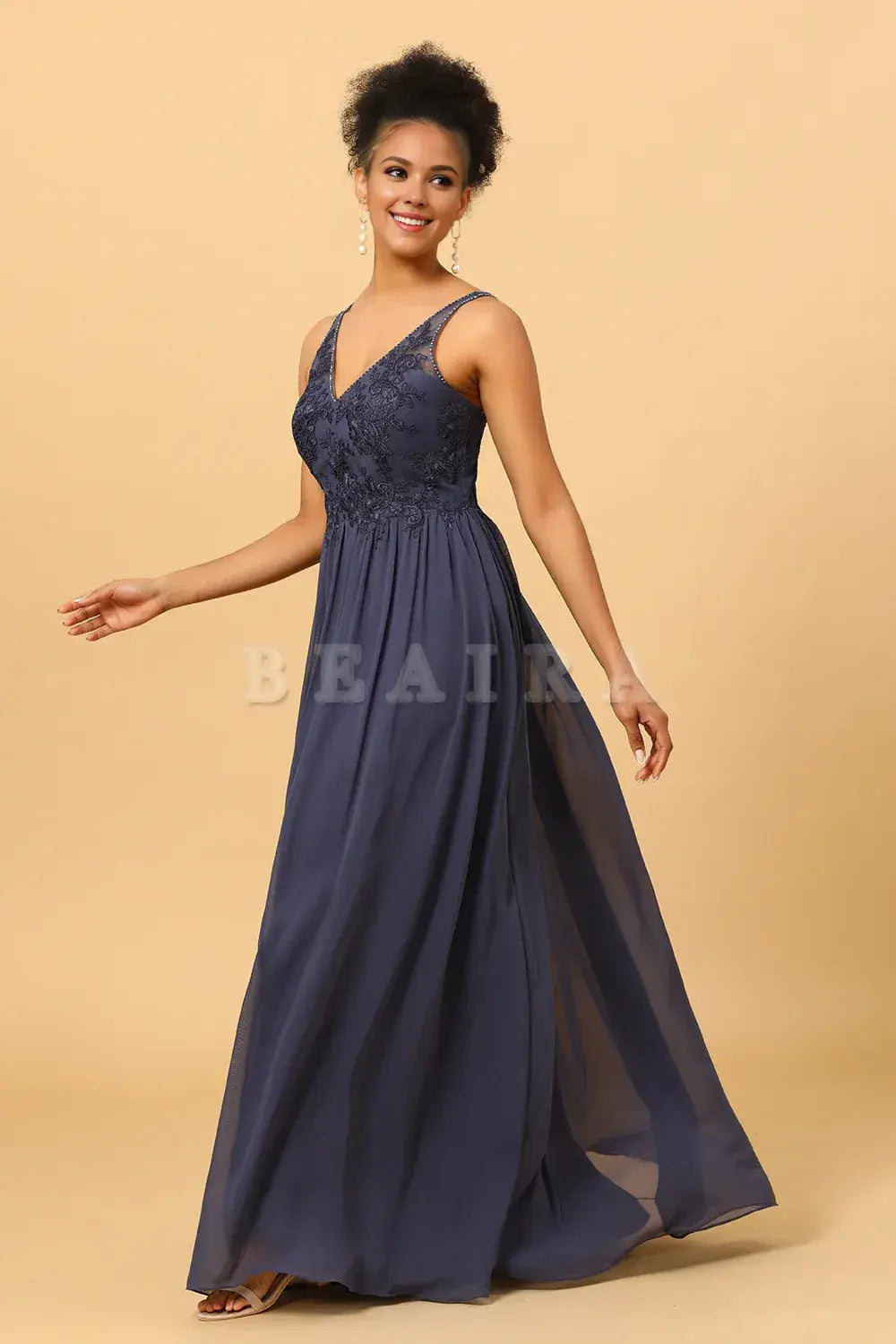 Beaira Elegant Twilight V-Neck Long Chiffon Bridesmaid Dress with Lace New Arrivals