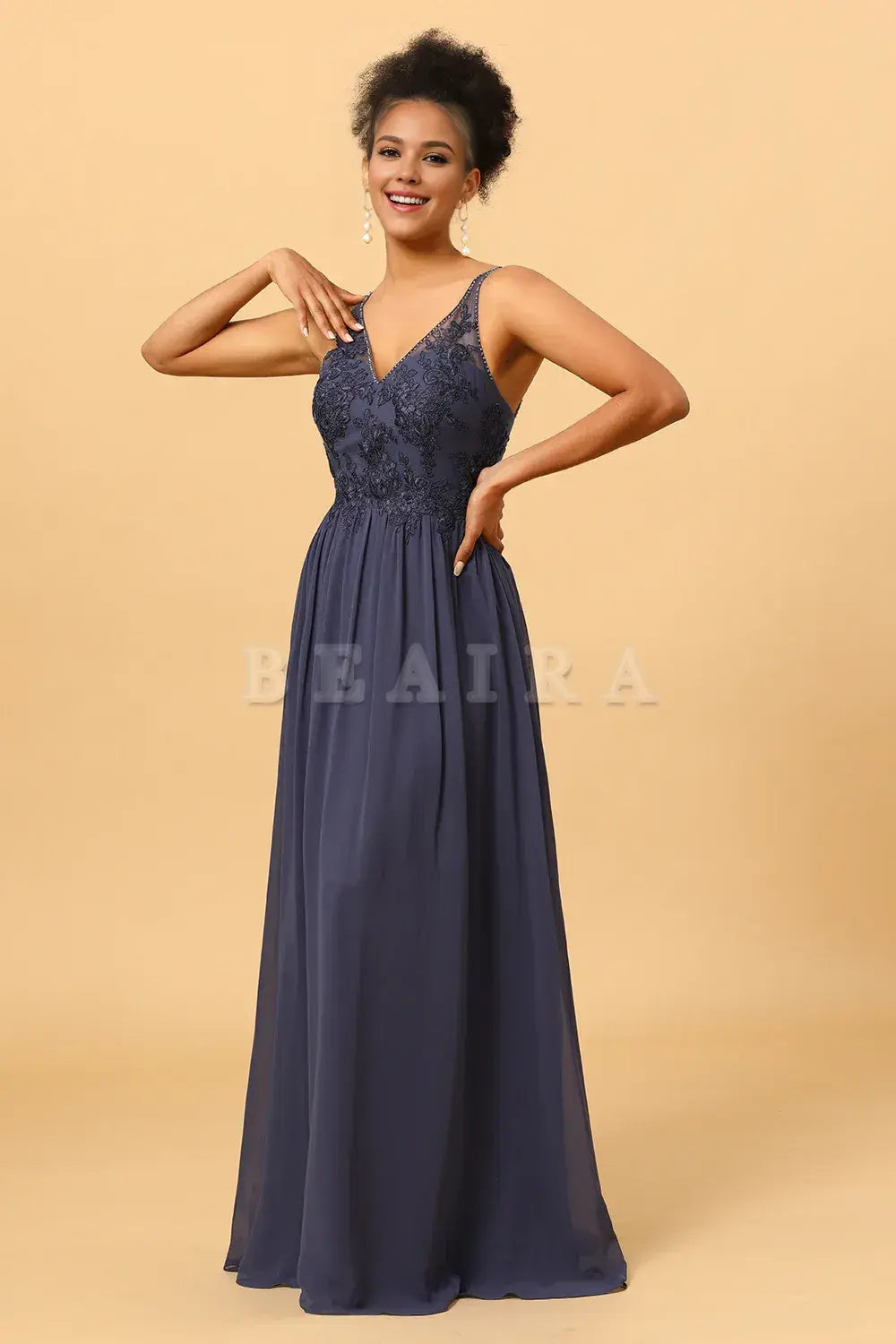 Beaira Elegant Twilight V-Neck Long Chiffon Bridesmaid Dress with Lace New Arrivals