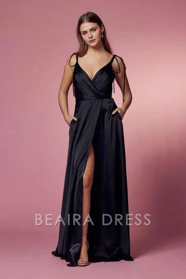 Elegant V - Neck Satin Evening Gown with Side Slit and Tie Straps Prom Dress