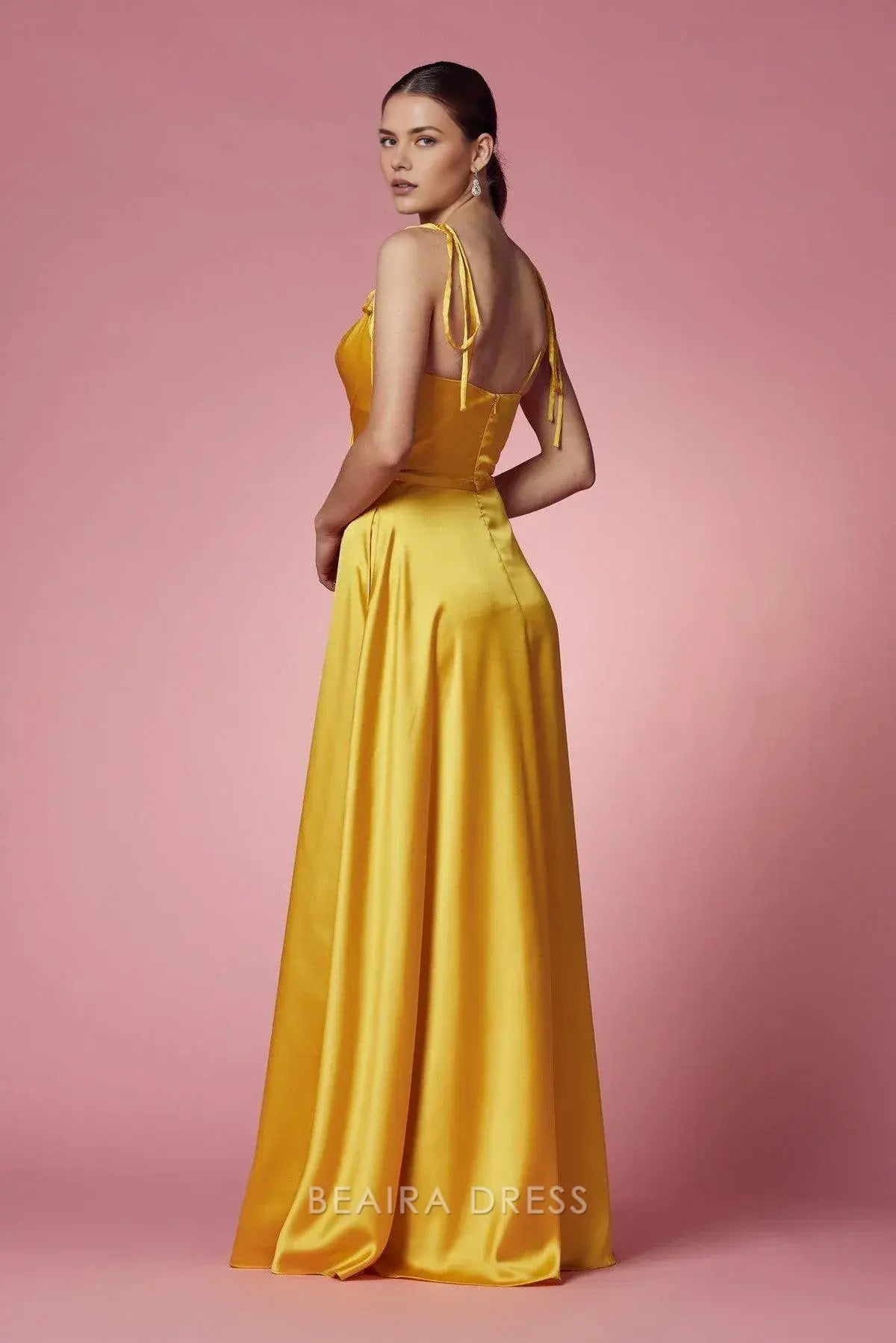 Elegant V - Neck Satin Evening Gown with Side Slit and Tie Straps Prom Dress
