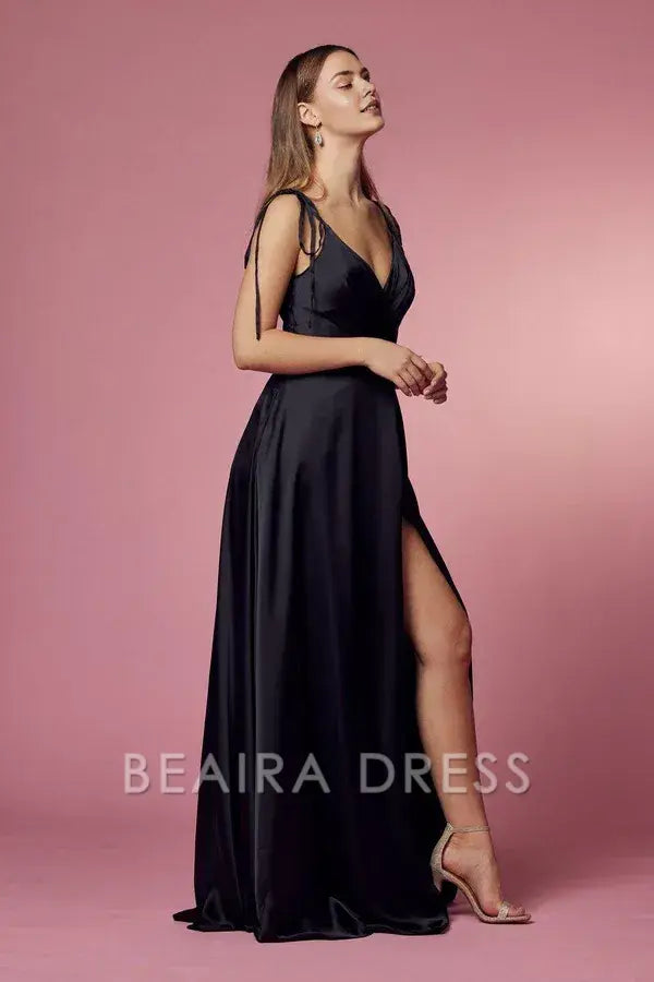 Elegant V - Neck Satin Evening Gown with Side Slit and Tie Straps Prom Dress