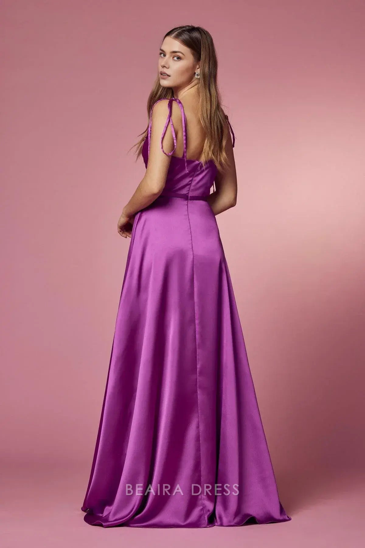Elegant V - Neck Satin Evening Gown with Side Slit and Tie Straps Prom Dress