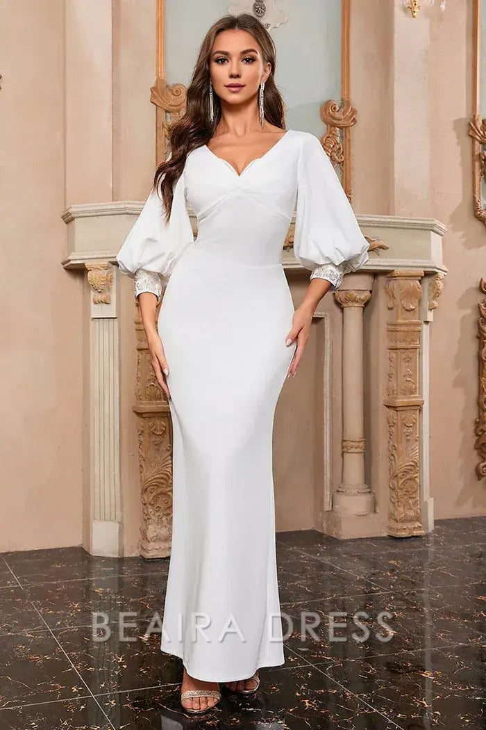 Beaira Elegant White Mermaid V Neck Long Prom Dress with Puff Sleeves - White
