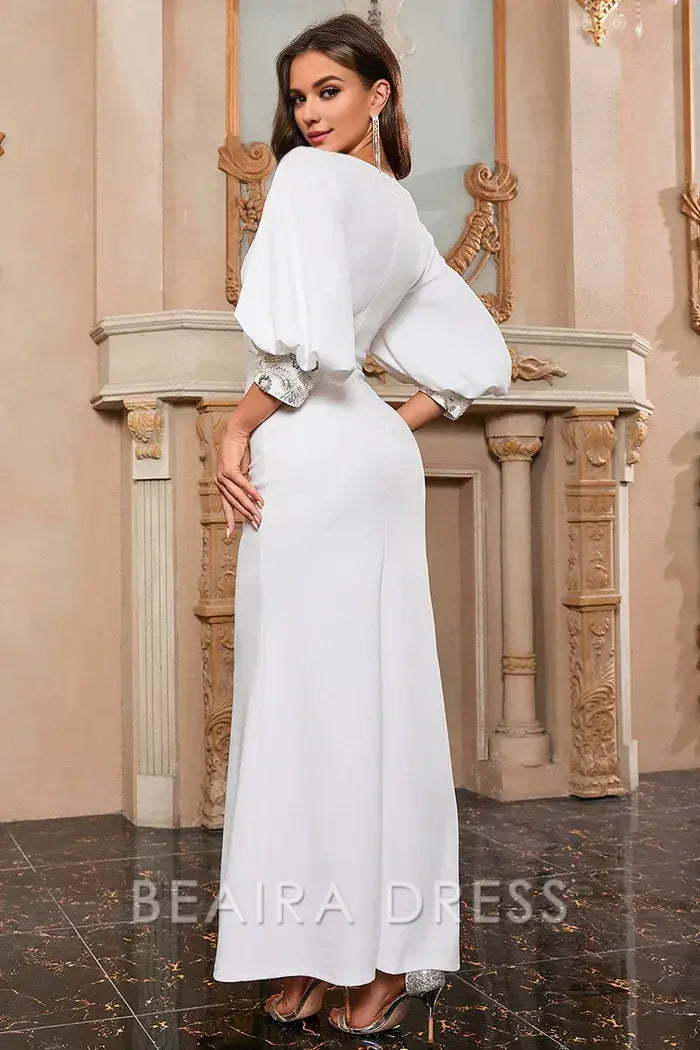 Beaira Elegant White Mermaid V Neck Long Prom Dress with Puff Sleeves - White