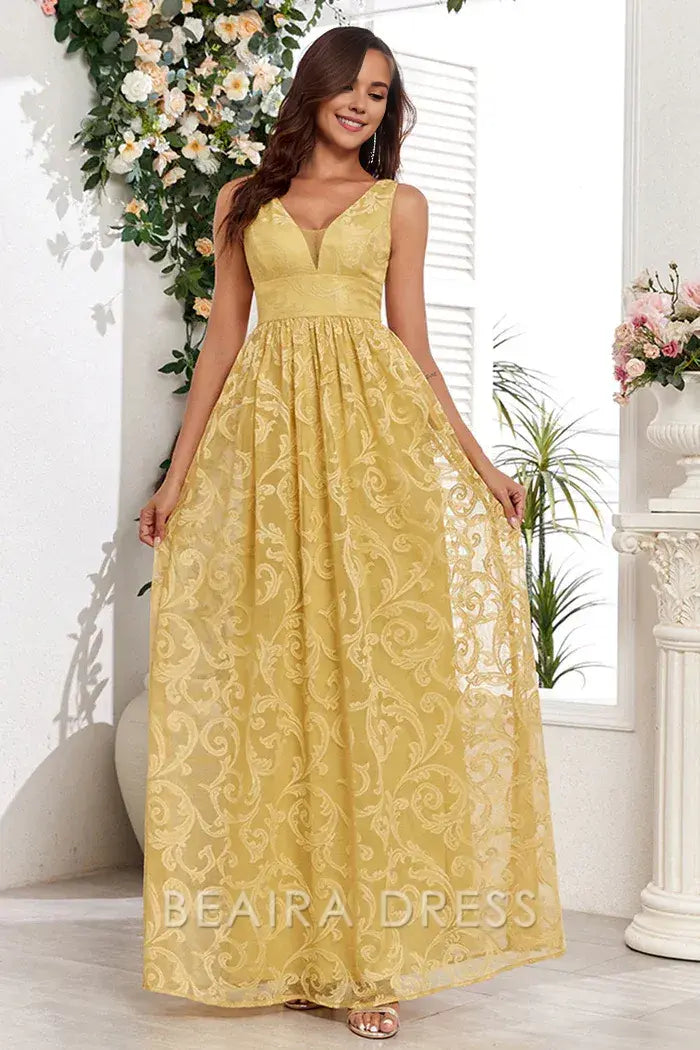 Beaira Elegant Yellow V-Neck Long Prom Dress With Appliques - Yellow