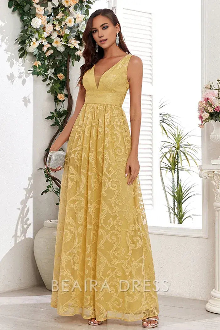 Beaira Elegant Yellow V-Neck Long Prom Dress With Appliques - Yellow