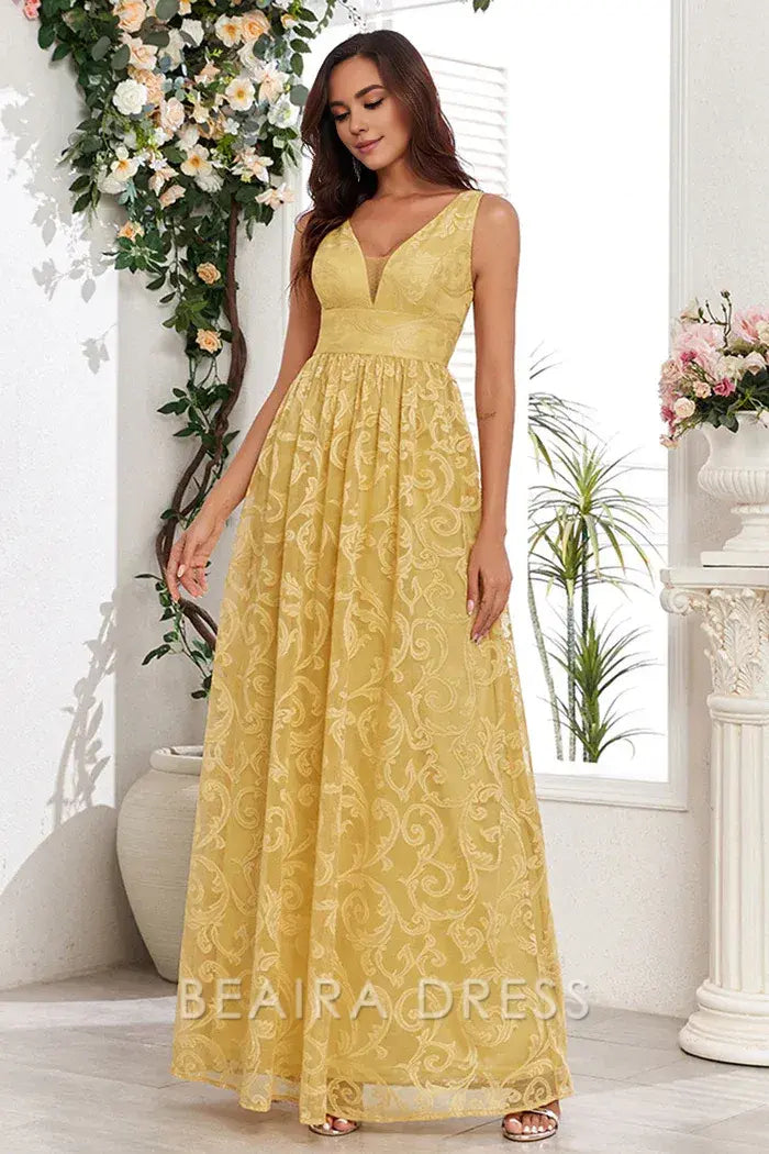 Beaira Elegant Yellow V-Neck Long Prom Dress With Appliques - Yellow