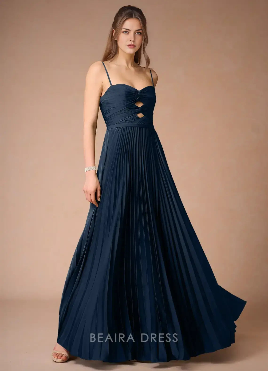 Elegant A-Line Spaghetti Strap Pleated Maxi Dress with Cutout Detail Prom Dress