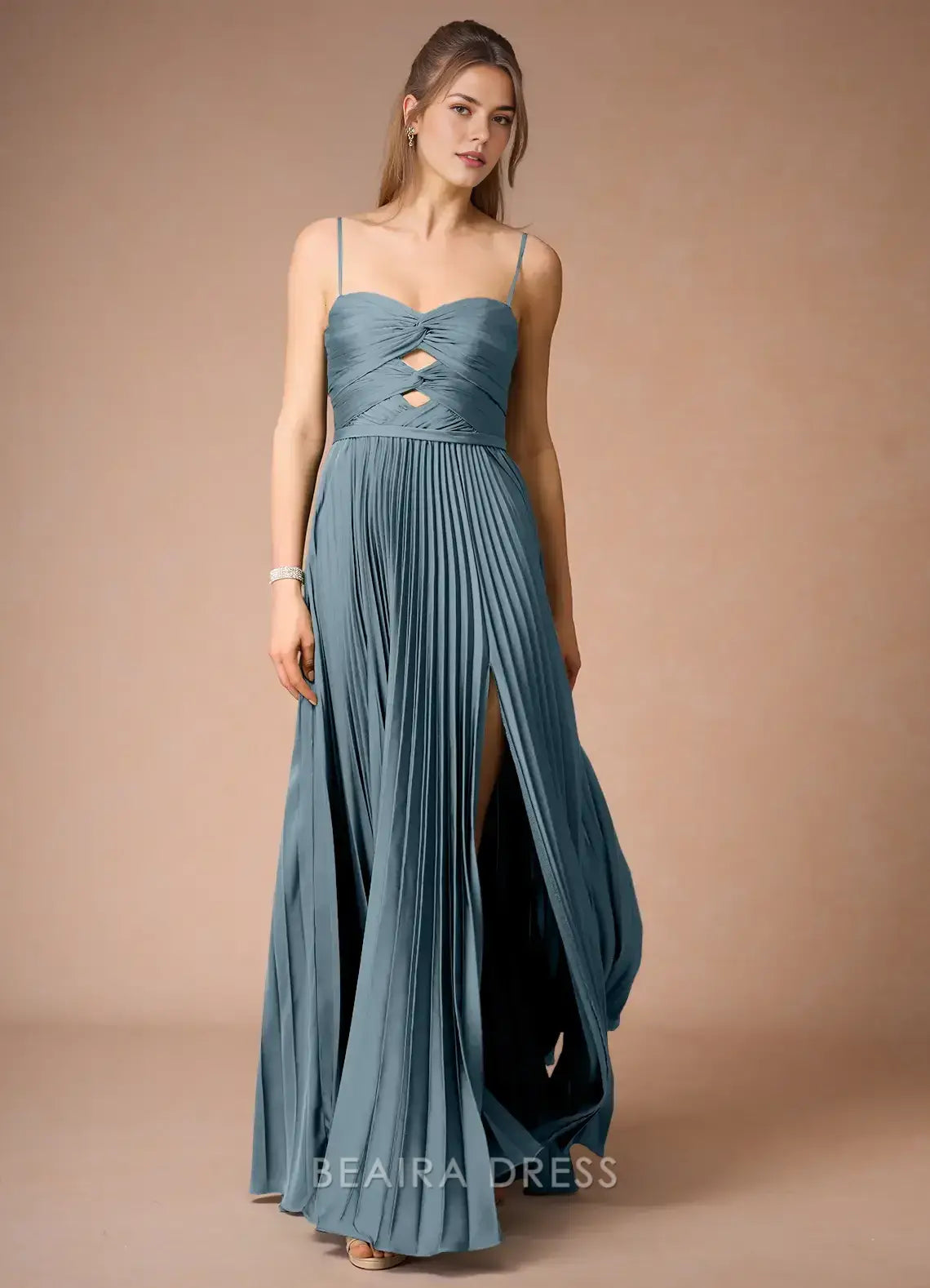 Elegant A-Line Spaghetti Strap Pleated Maxi Dress with Cutout Detail Prom Dress