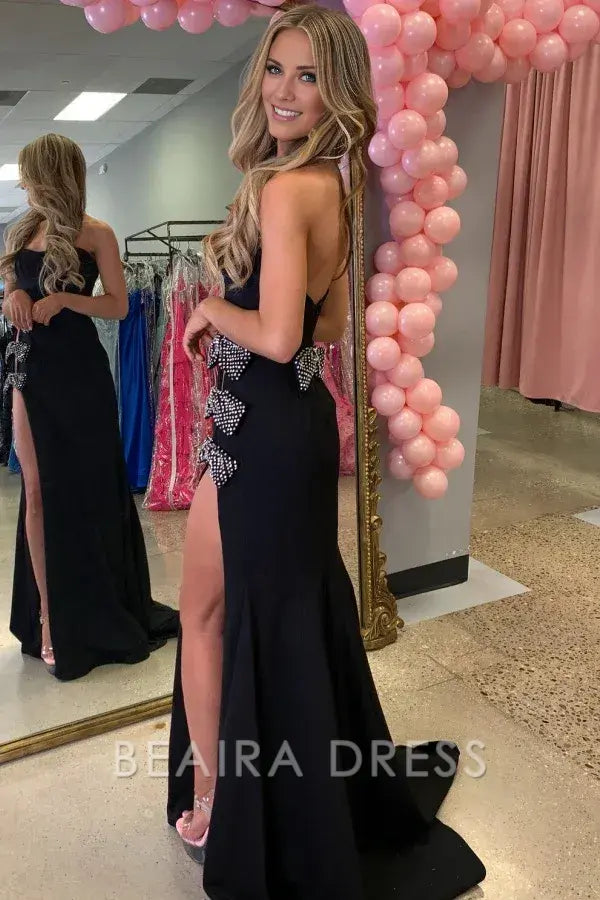 Beaira Elegant & Classic Sheath Strapless Sleeveless Beaded Bow Knot Floor Length Prom Party Dress with High Side Slit and Train