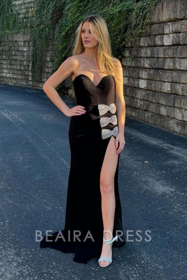 Beaira Elegant & Classic Sheath Strapless Sleeveless Beaded Bow Knot Floor Length Prom Party Dress with High Side Slit and Train
