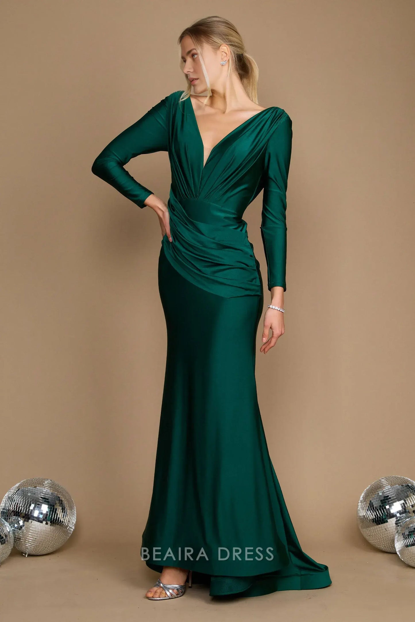 Elegant mermaid Long Sleeve Deep V - Neck Satin Sweep/Brush Train Prom Dress