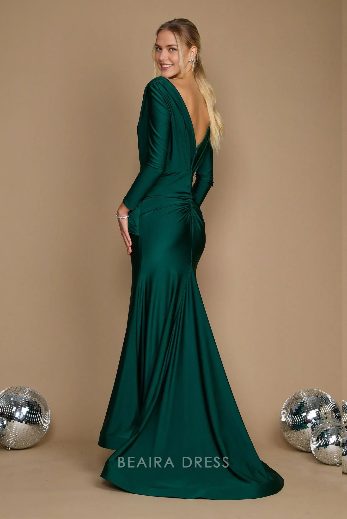 Elegant mermaid Long Sleeve Deep V - Neck Satin Sweep/Brush Train Prom Dress