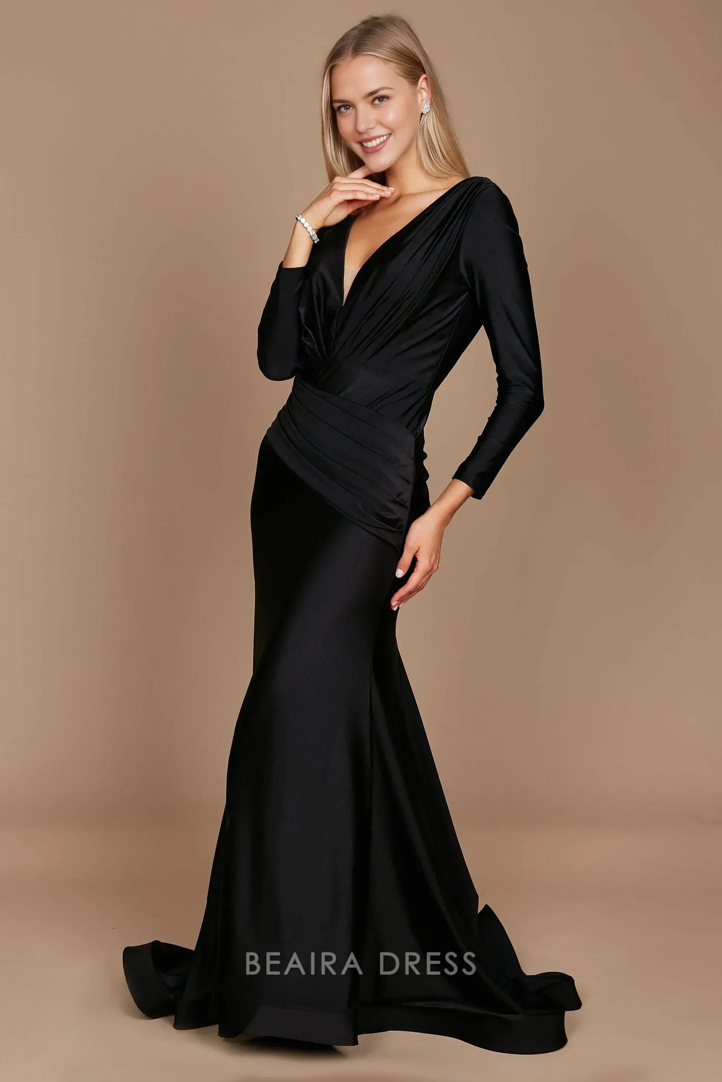 Elegant mermaid Long Sleeve Deep V - Neck Satin Sweep/Brush Train Prom Dress