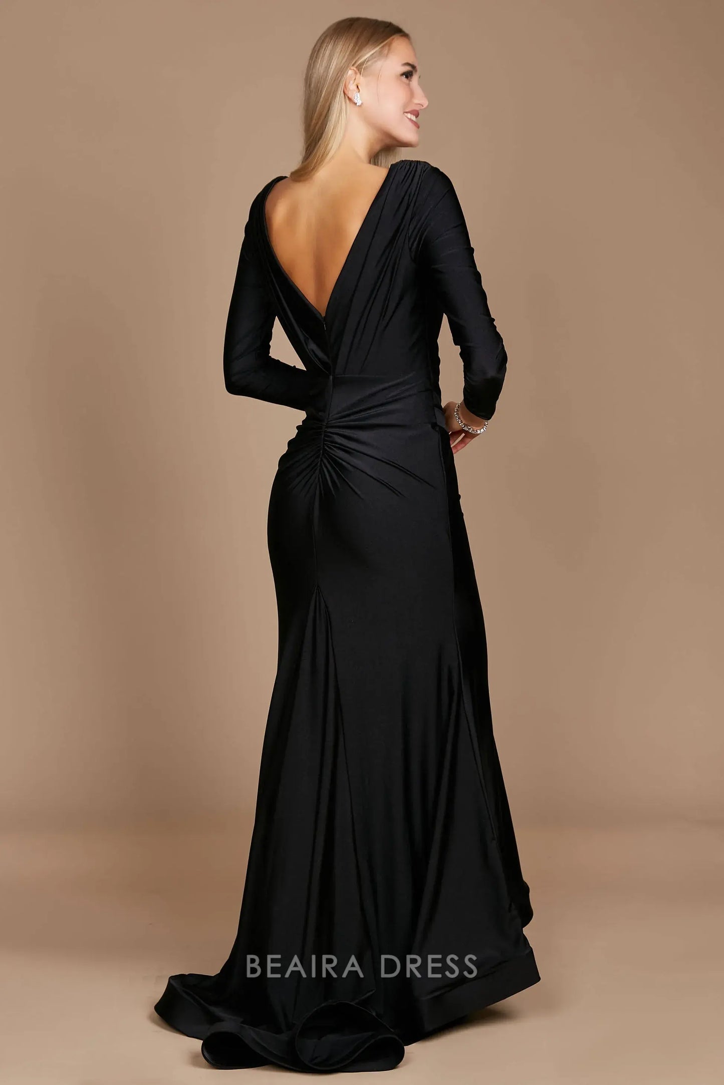 Elegant mermaid Long Sleeve Deep V - Neck Satin Sweep/Brush Train Prom Dress