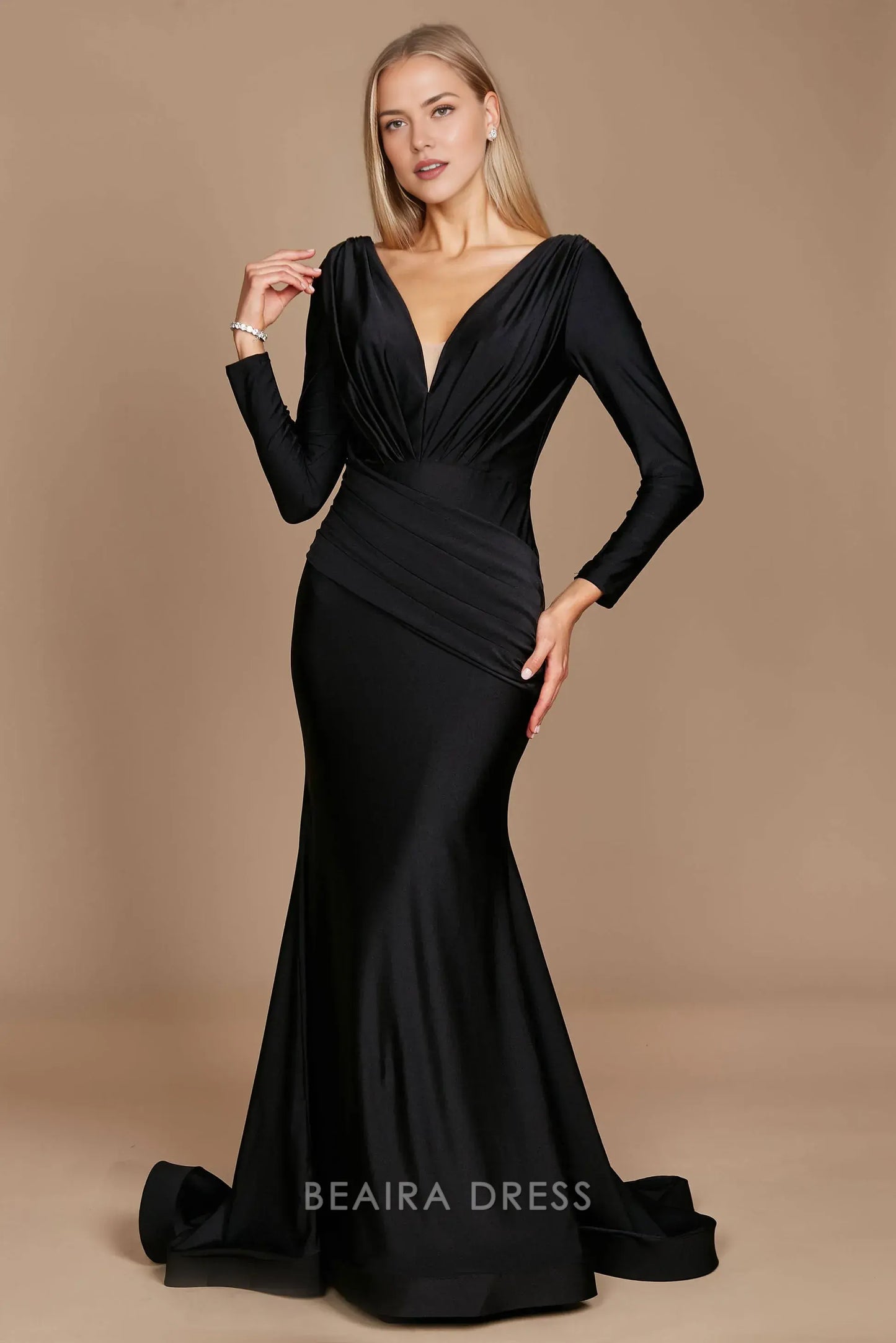 Elegant mermaid Long Sleeve Deep V - Neck Satin Sweep/Brush Train Prom Dress
