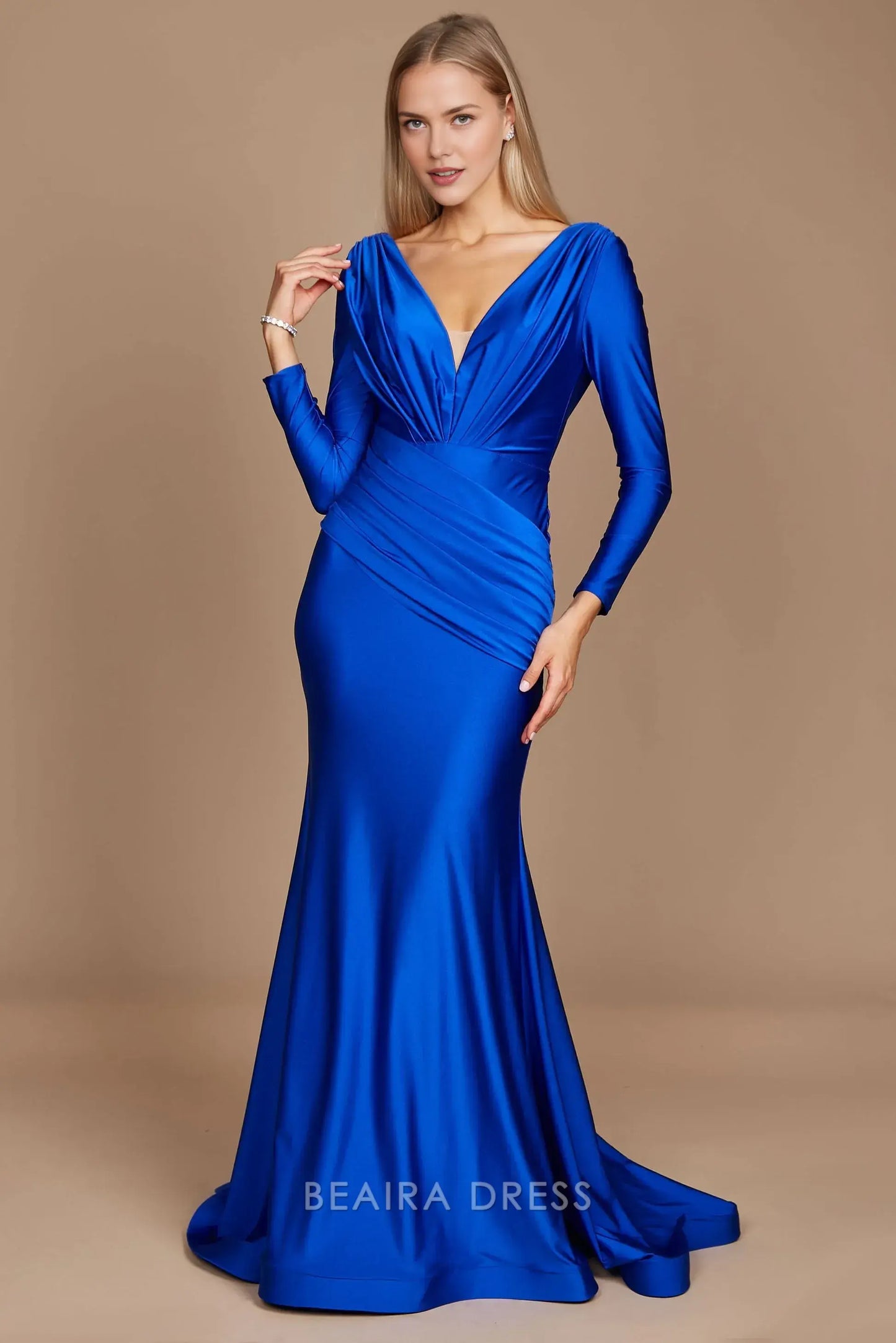 Elegant mermaid Long Sleeve Deep V - Neck Satin Sweep/Brush Train Prom Dress