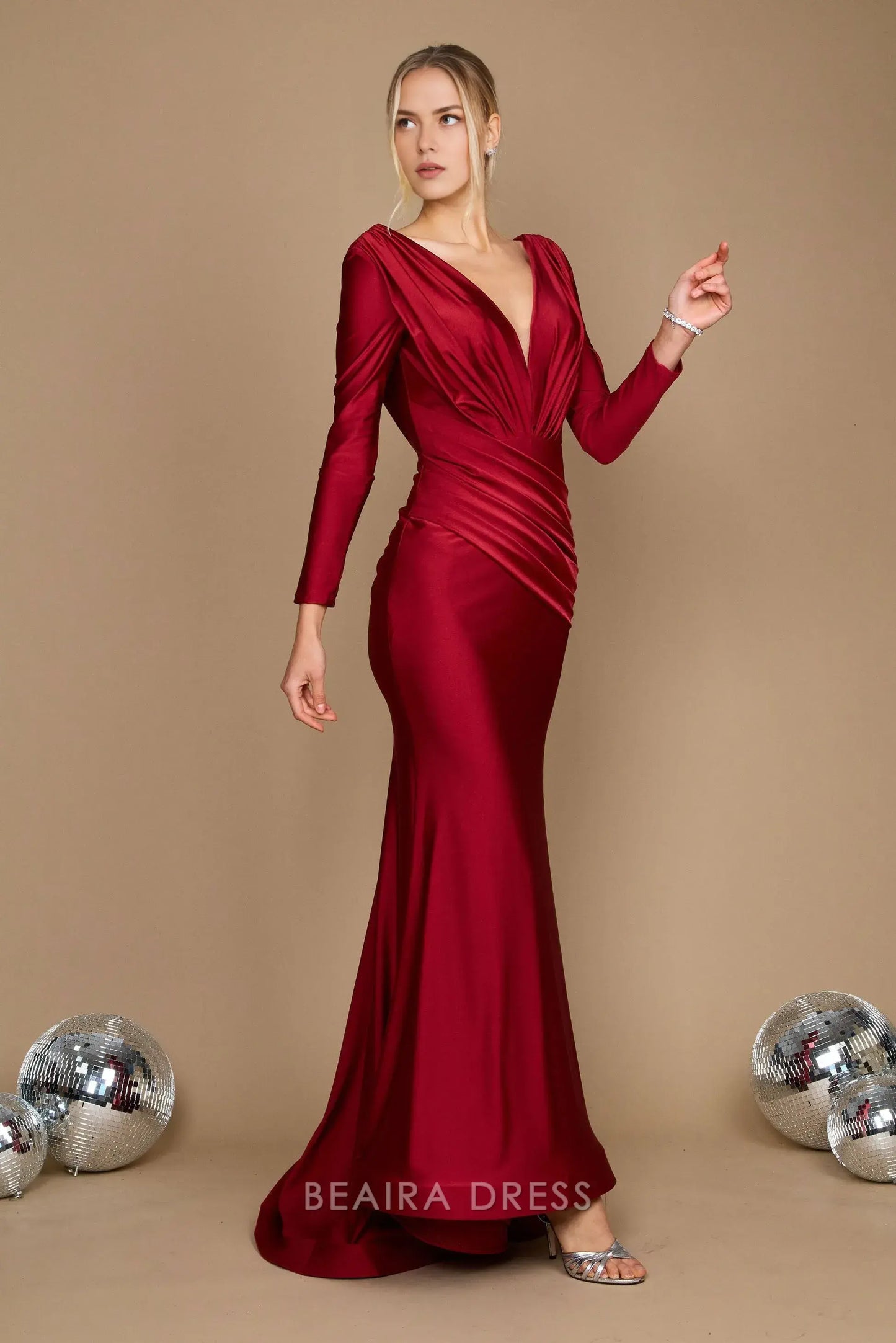 Elegant mermaid Long Sleeve Deep V - Neck Satin Sweep/Brush Train Prom Dress