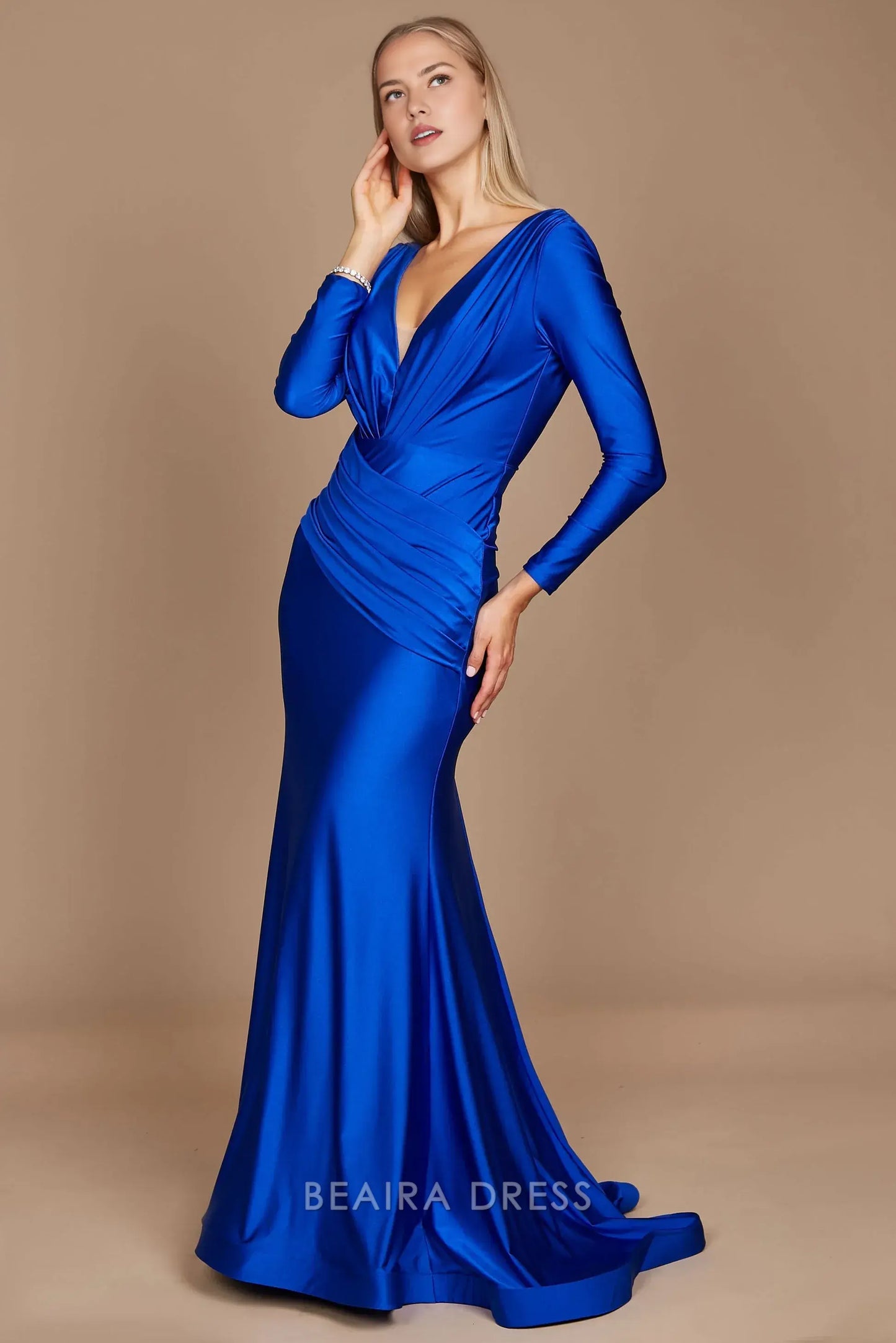 Elegant mermaid Long Sleeve Deep V - Neck Satin Sweep/Brush Train Prom Dress