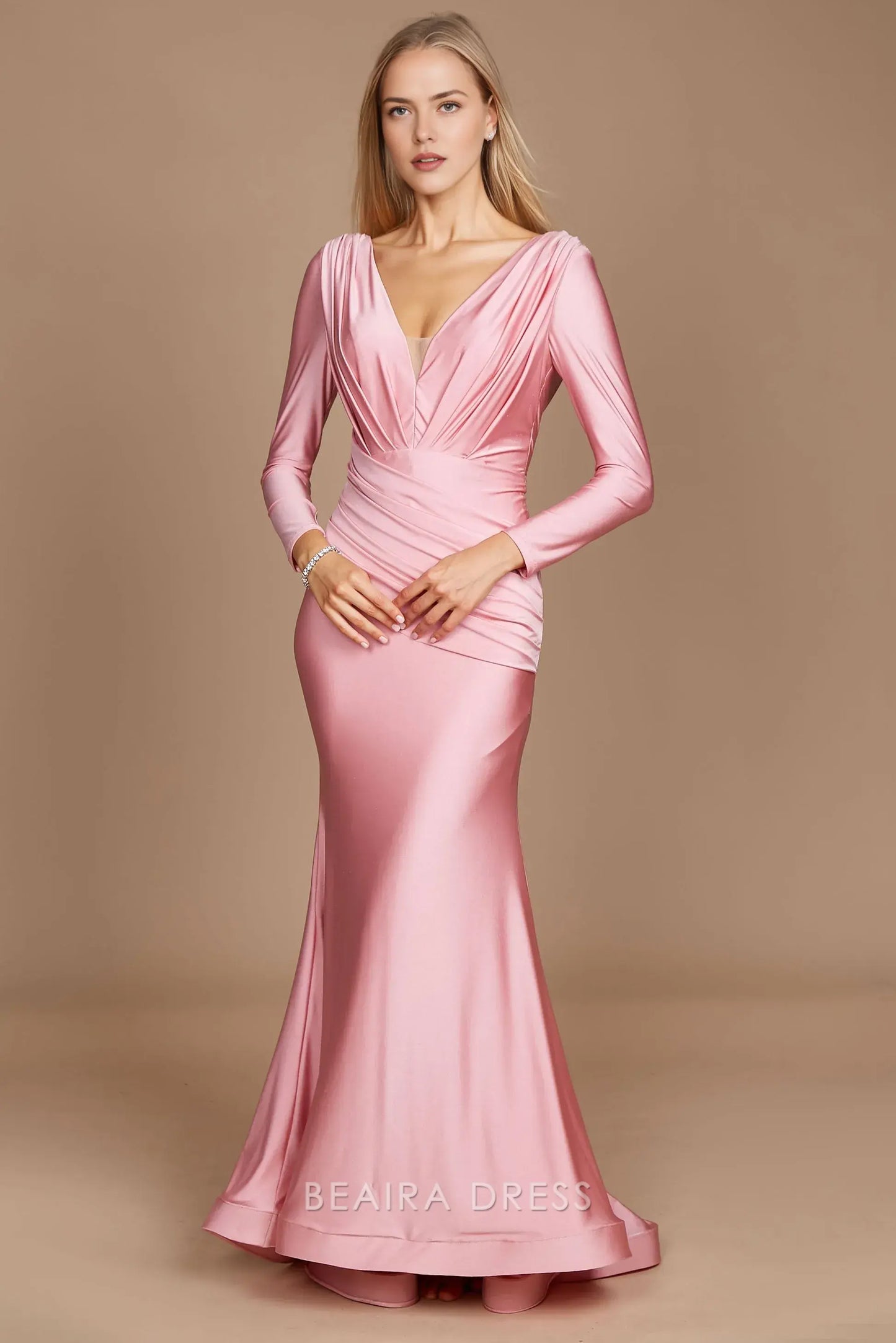 Elegant mermaid Long Sleeve Deep V - Neck Satin Sweep/Brush Train Prom Dress
