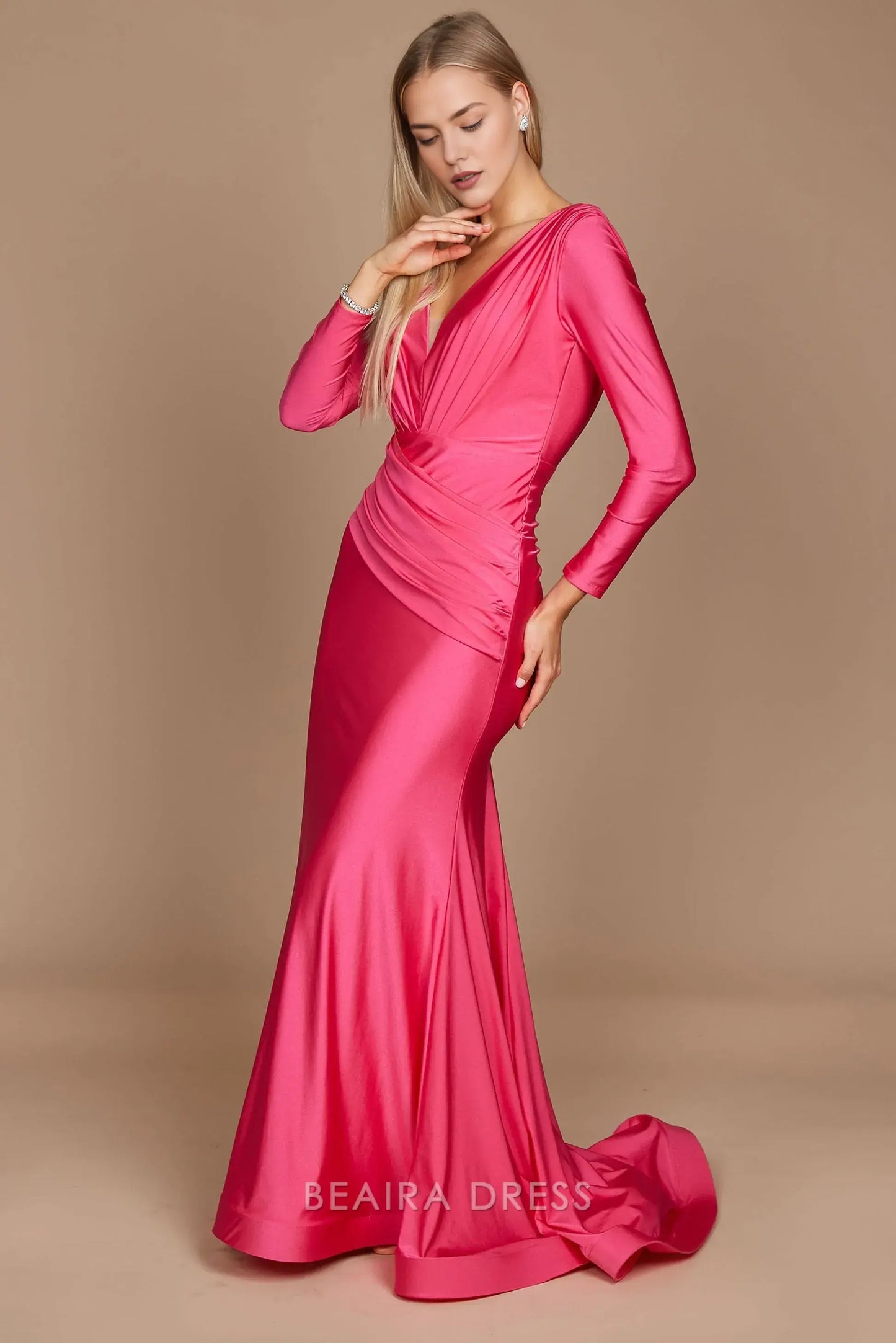 Elegant mermaid Long Sleeve Deep V - Neck Satin Sweep/Brush Train Prom Dress