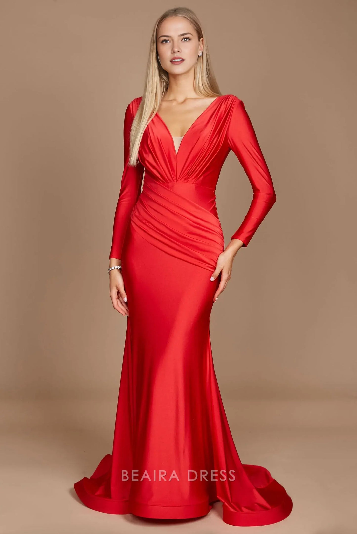 Elegant mermaid Long Sleeve Deep V - Neck Satin Sweep/Brush Train Prom Dress