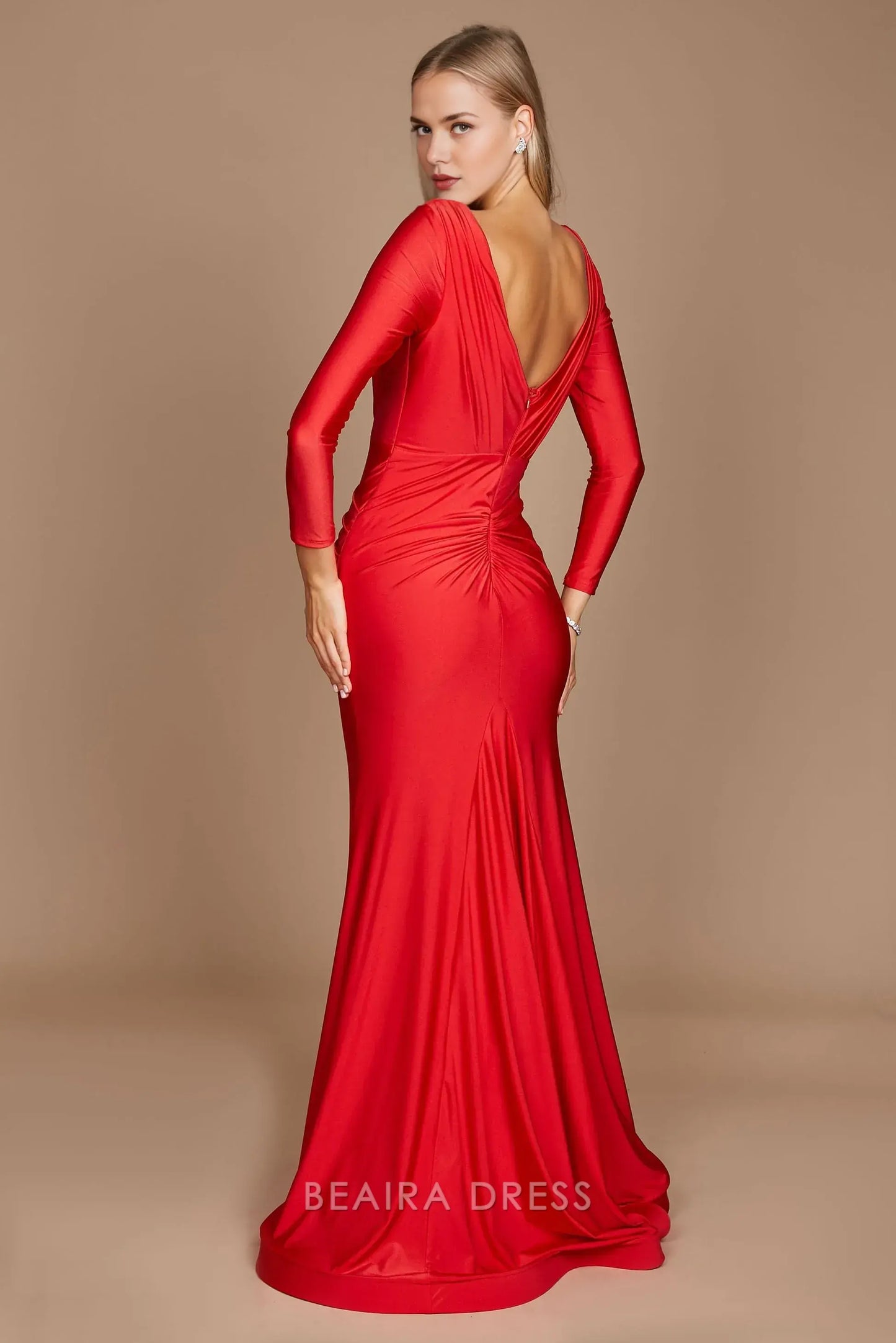 Elegant mermaid Long Sleeve Deep V - Neck Satin Sweep/Brush Train Prom Dress