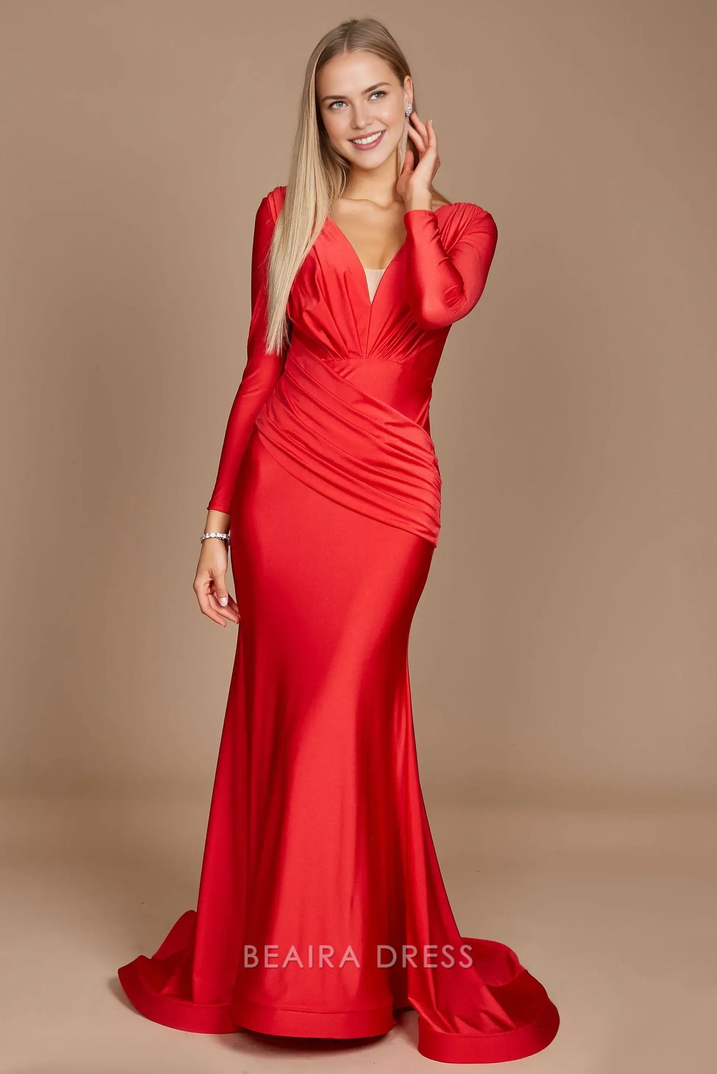 Elegant mermaid Long Sleeve Deep V - Neck Satin Sweep/Brush Train Prom Dress