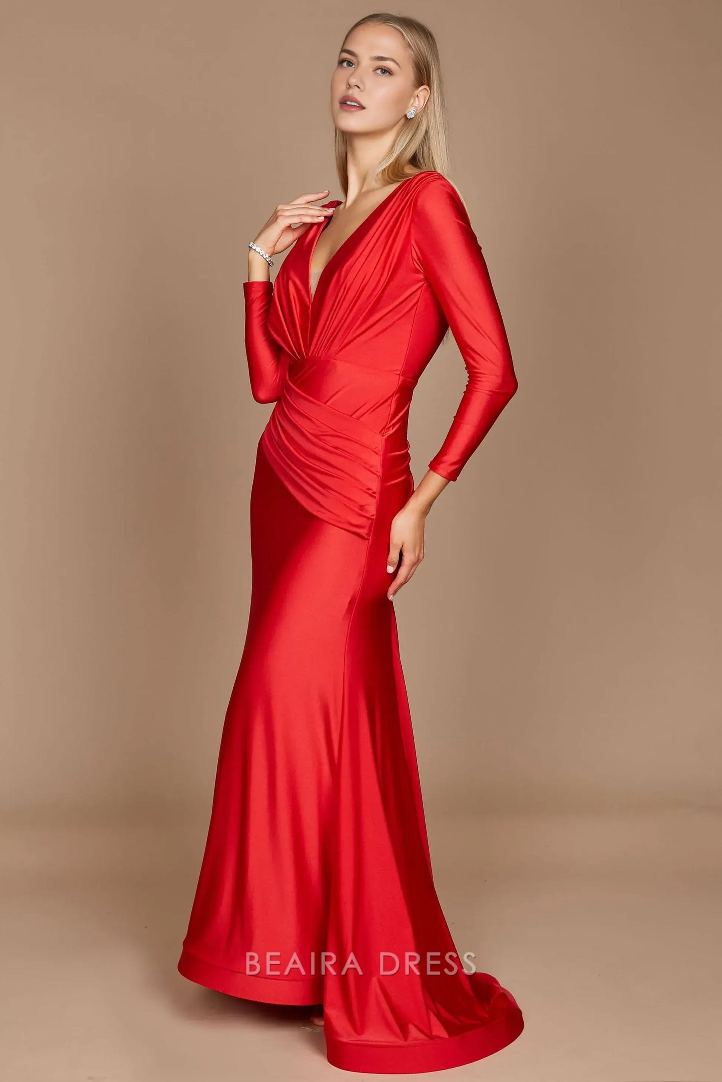 Elegant mermaid Long Sleeve Deep V - Neck Satin Sweep/Brush Train Prom Dress