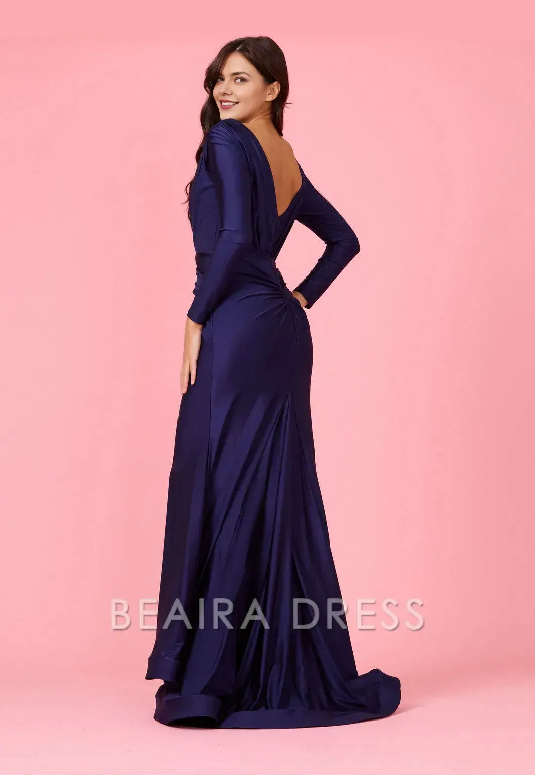 Elegant mermaid Long Sleeve Deep V - Neck Satin Sweep/Brush Train Prom Dress